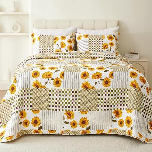 Miniatura 5 de EVENHUG Juego de edredón de 100 % algodón, tamaño individual, diseño de girasoles amarillos, colcha reversible con 1 funda de almohada, para todas