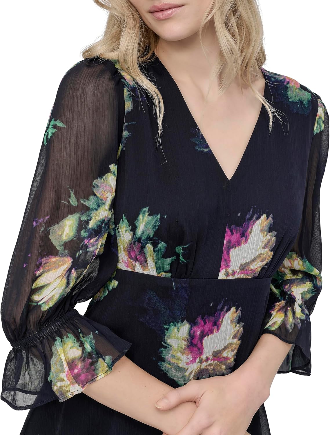 DKNY Women's V-Neck Balloon Sleeve with Ruffle Hem - Image 5