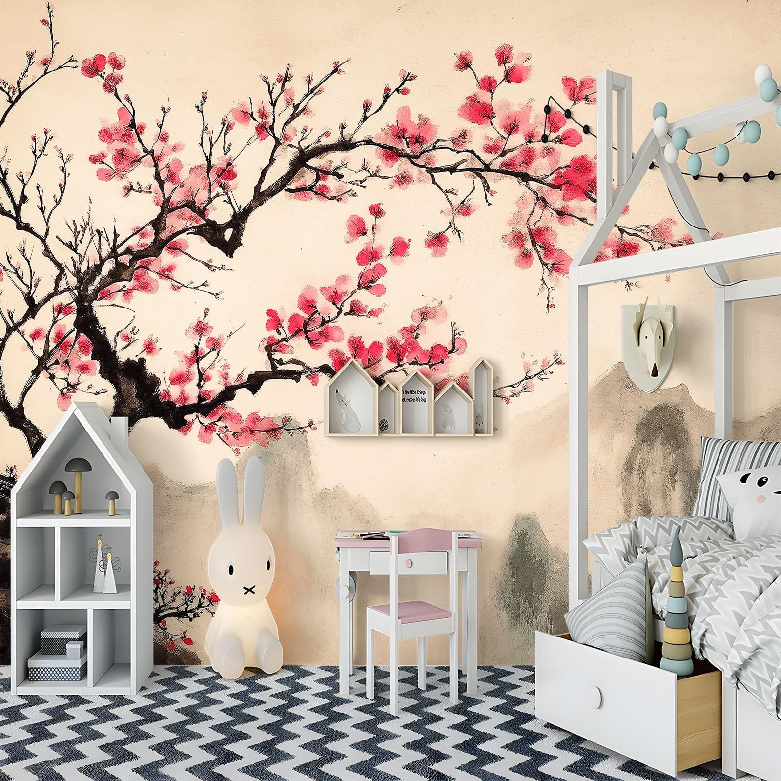 Fotomurales 3D Árbol de flores rosas pintado en tinta 350x256 cm Papel Pintado Fotográfico, Decoración De la Pared Murales para Salón, Dormitorio, Habitación para Niños, Pared de TV