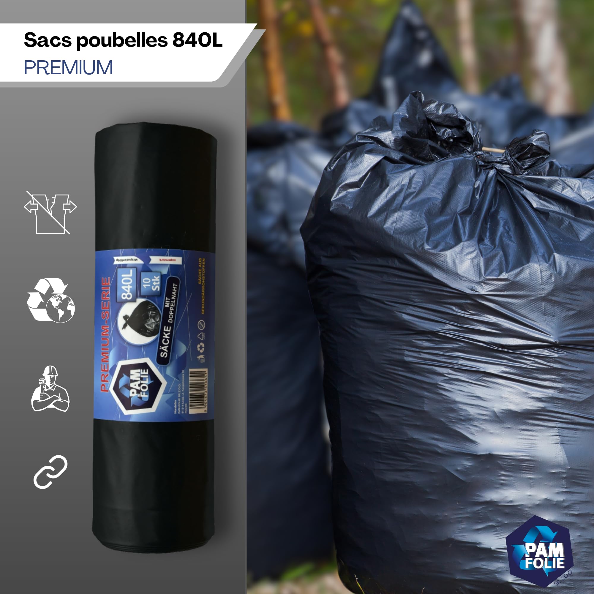 Sacs poubelle 840L - 10 pièces - XXL grands Sacs poubelle pour déchets de chantier, Premium - 130x170cm - 40µm - Sac poubelle noir - Sacs pour Polystyrène expansé