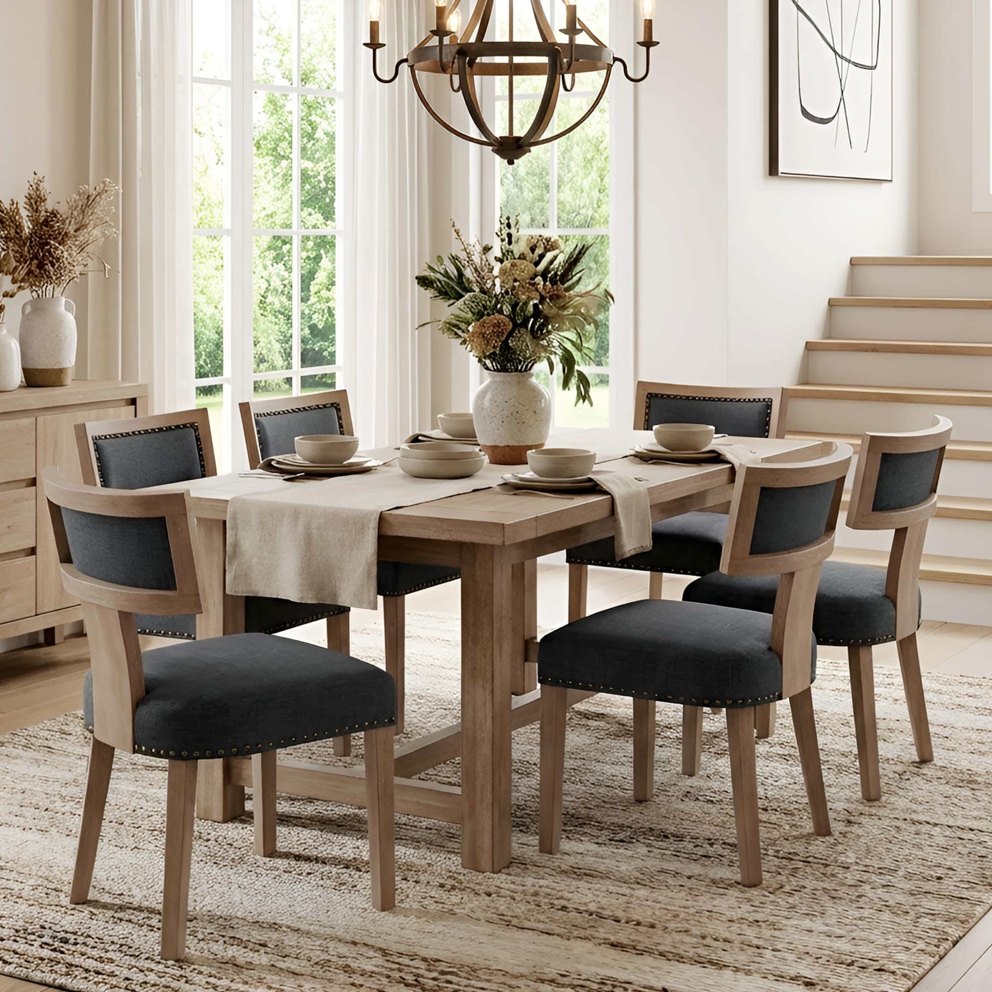 HNY Mid Century Modern Dining Chairs Set of 6, Farmhouse Linen Fabric Upholstered Accent Chairs Curved Nailhead Trim Backrest Kitchen Chairs, with Hardwood Frame, Charcoal