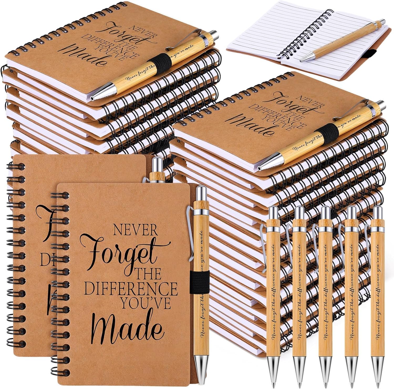 80 Pcs Employee Appreciation Gifts Inspirational Spiral Notebooks Bulk Motivational Journals Thank You Bamboo Ballpoint Pens for Nurse Teacher Coworker (NEVER FORGET)