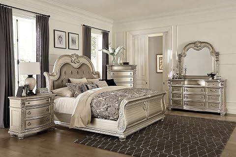 Formal Traditional 6-Piece King Size Faux Leather Tufted Bed Set with Marble Top