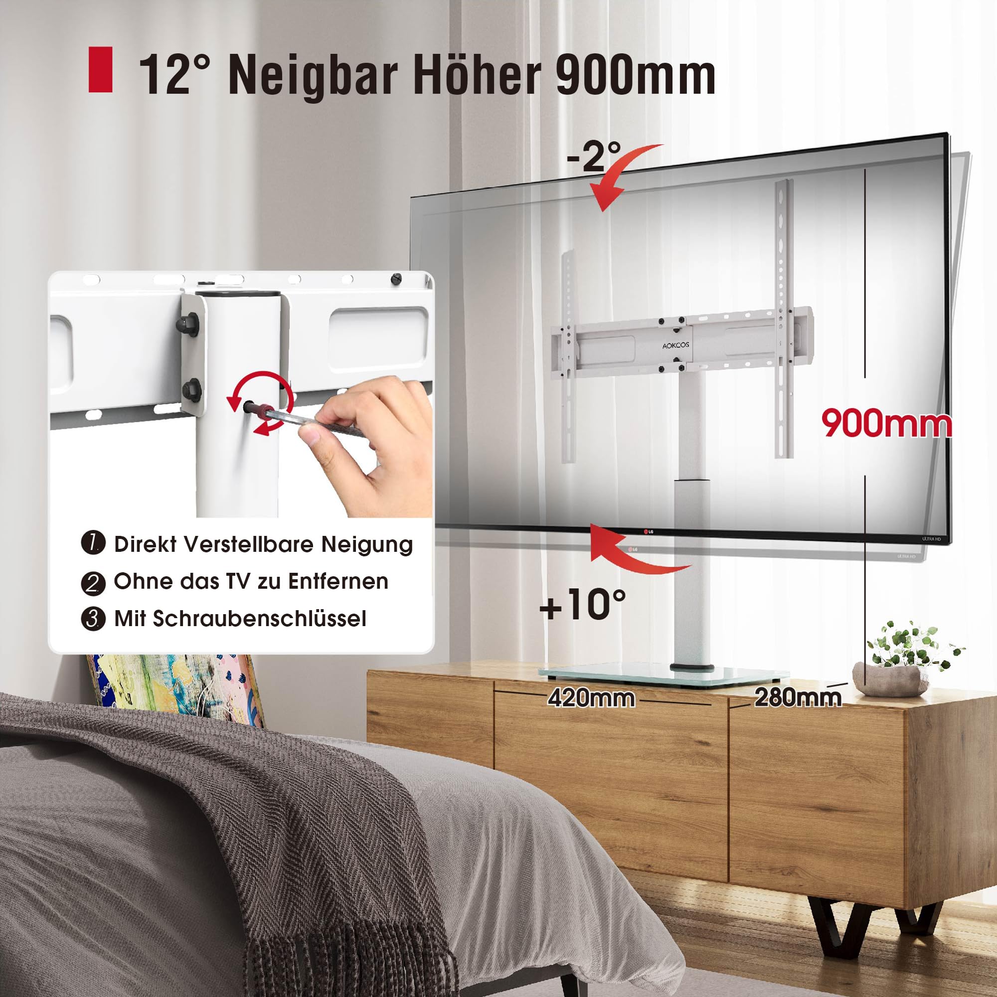 AOKCOS TV Standfuss TV Ständer Höhe 900mm für 32-55 65 75 Zoll Fernseher, Neigbar Schwenkbar Höhenverstellbar Fernsehständer, Universal TV Standfüße Standfuss Max VESA 600x400mm 45KG (Weiß)