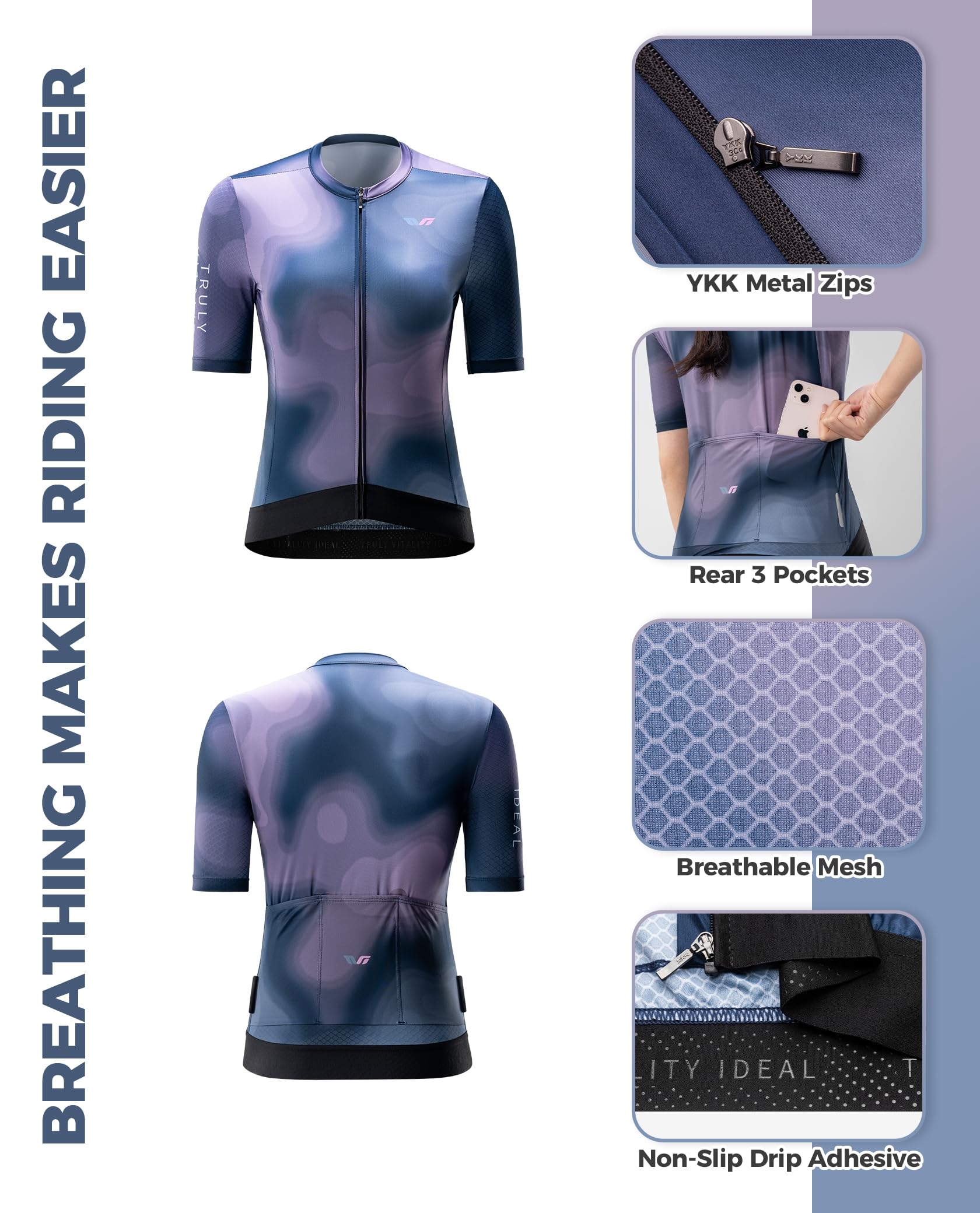 ROCKBROS TVI Radtrikot Damen Kurzarm Sommer, Fahrradtrikot Atmungsaktiv Rennrad Trikot mit 3 Taschen, Radfahren Top Schnelltrocknend