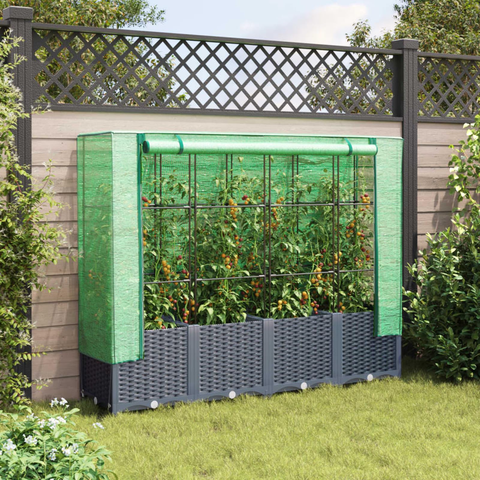 Homgoday Hochbeet mit Gewächshaus-Aufsatz Pflanzkasten Gemüsebeet Blumenbeet Blumenkasten Gartenbeet Pflanzbeet Frühbeet für Balkon Garten Terrasse Rattan-Optik 160x40x138 cm Dunkelgrau