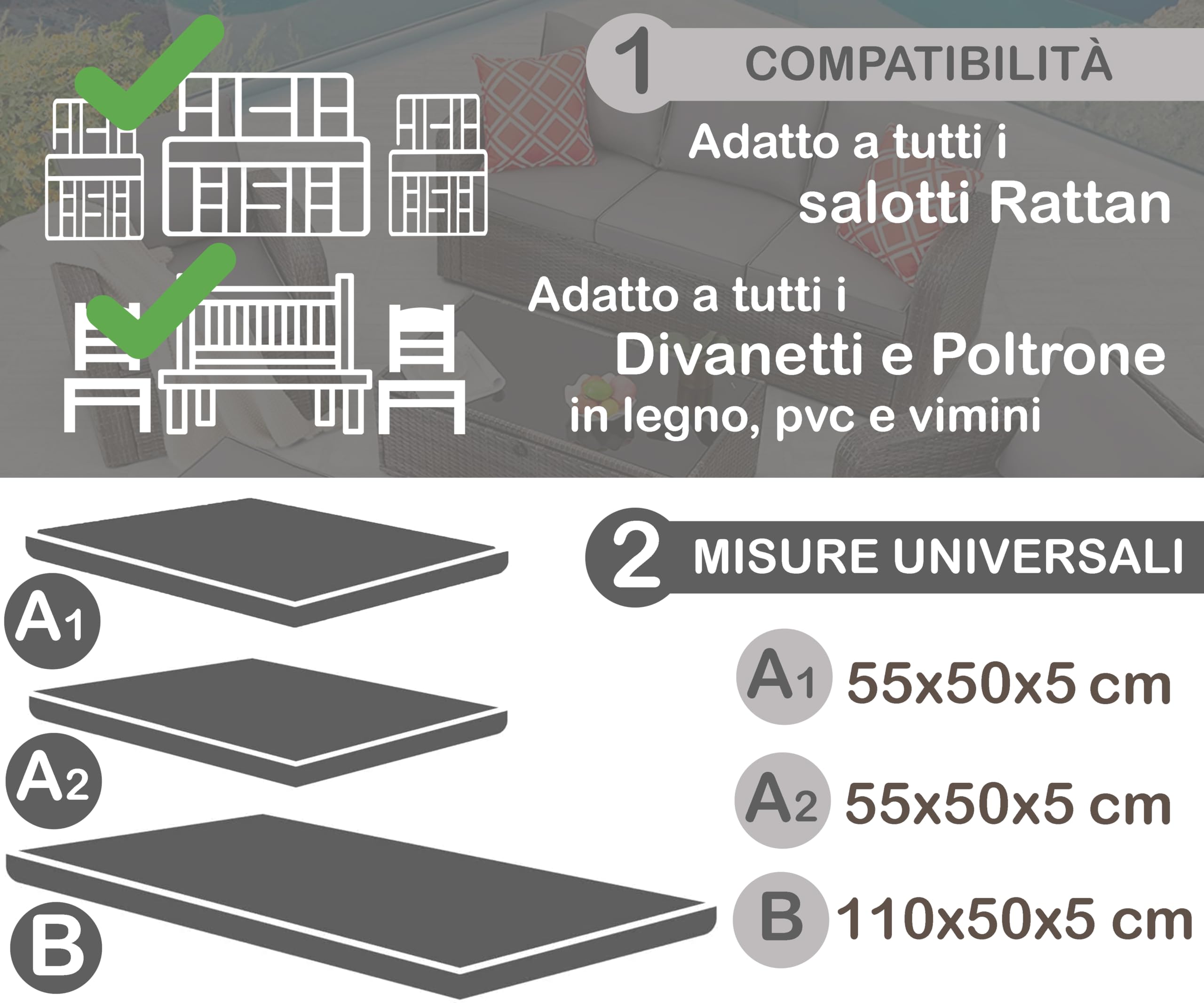 HAND - Tris di Cuscini da Esterno Sfoderabili per Poltrone e Divanetto - Cuscini Esterno Giardino (Antracite)