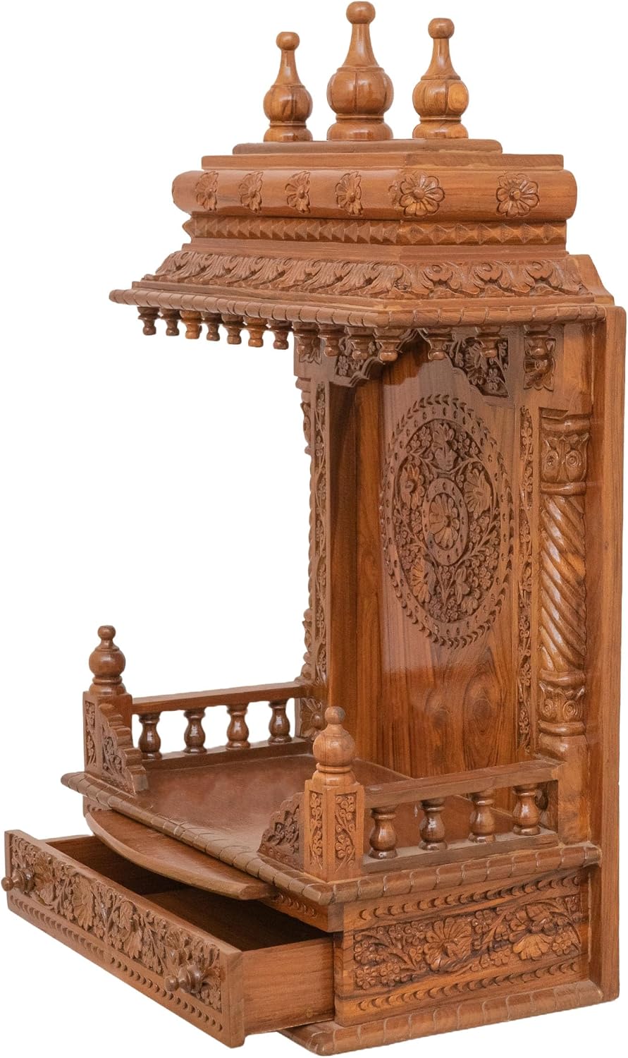 Wooden Pooja Mandir for Home Gopura Temple - Antique Oak Finish, X Large (W 15 X L 30 X H 46)