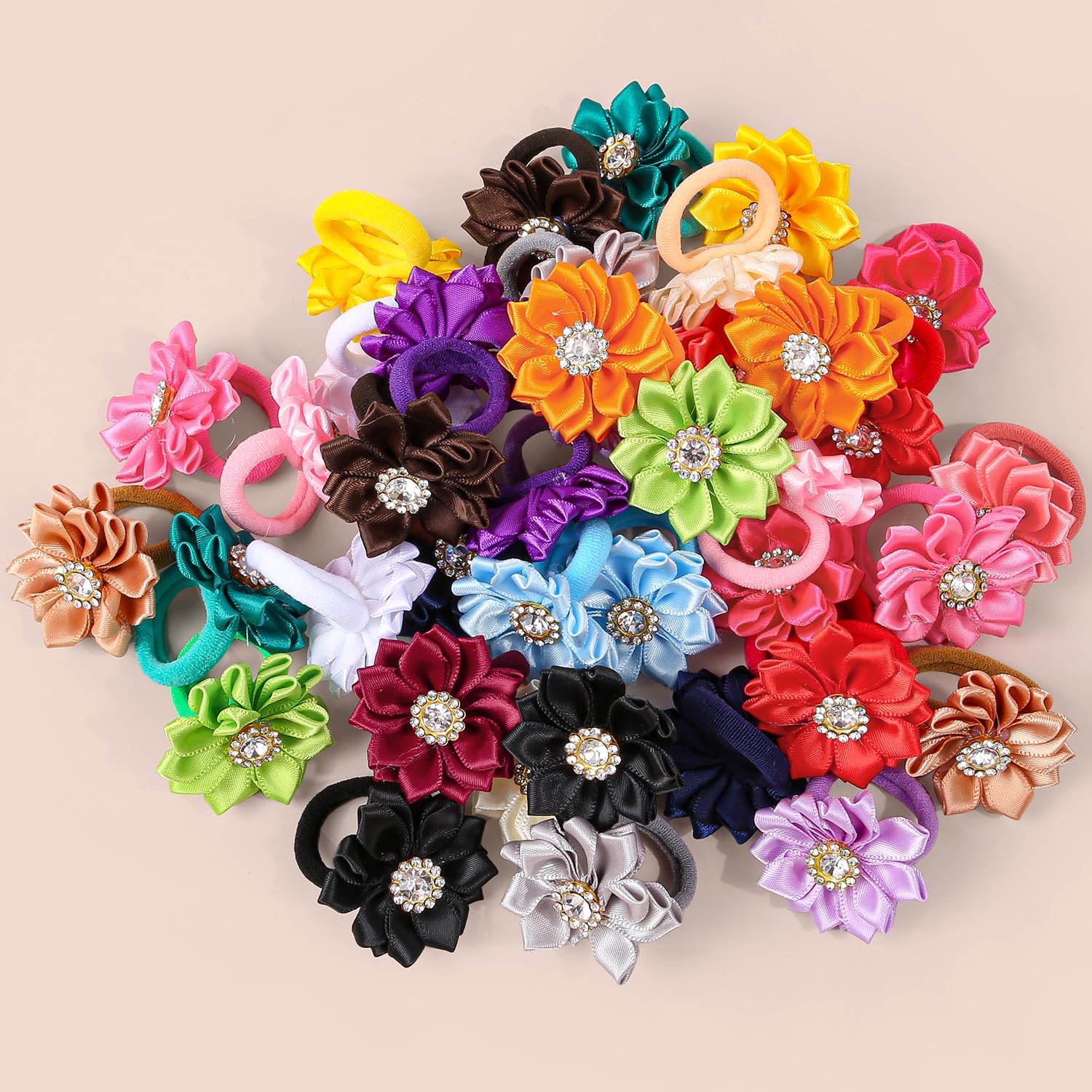 40pcs/set Baby Girls Flower Mini Hair Ties, Rhinestone Satin Hair Elastics for Toddlers Kids, Multicolor Candy Baby Scrunchies Soft Ponytail Holders Rubber Bands Hair Accessories