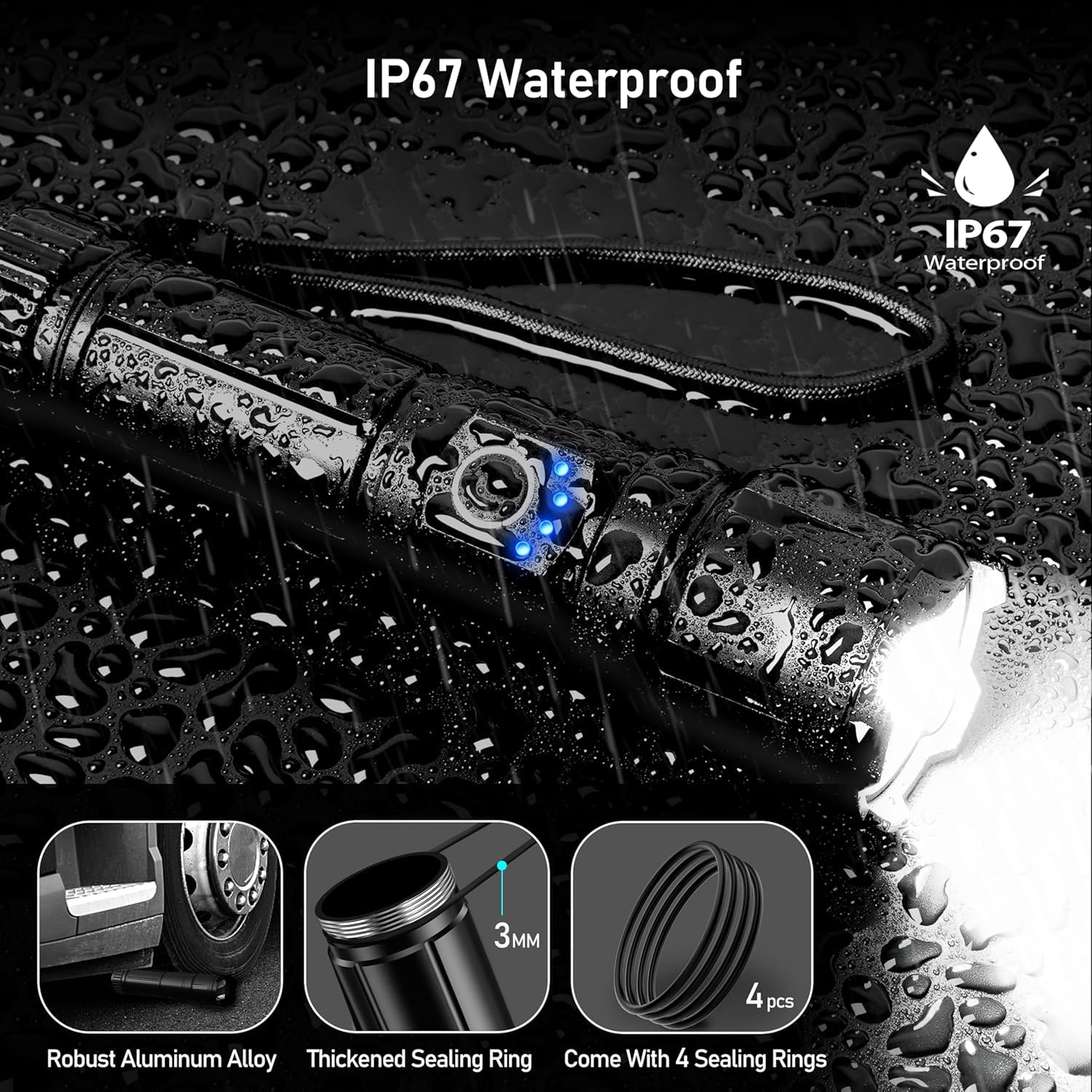 SWZEC Notfallpro Taschenlampe Weltweit Hellste LED – 100000 Lumen, Wasserfest, AluminiumWasserfest, Aluminium(Schwarze Ledertasche + Ba)