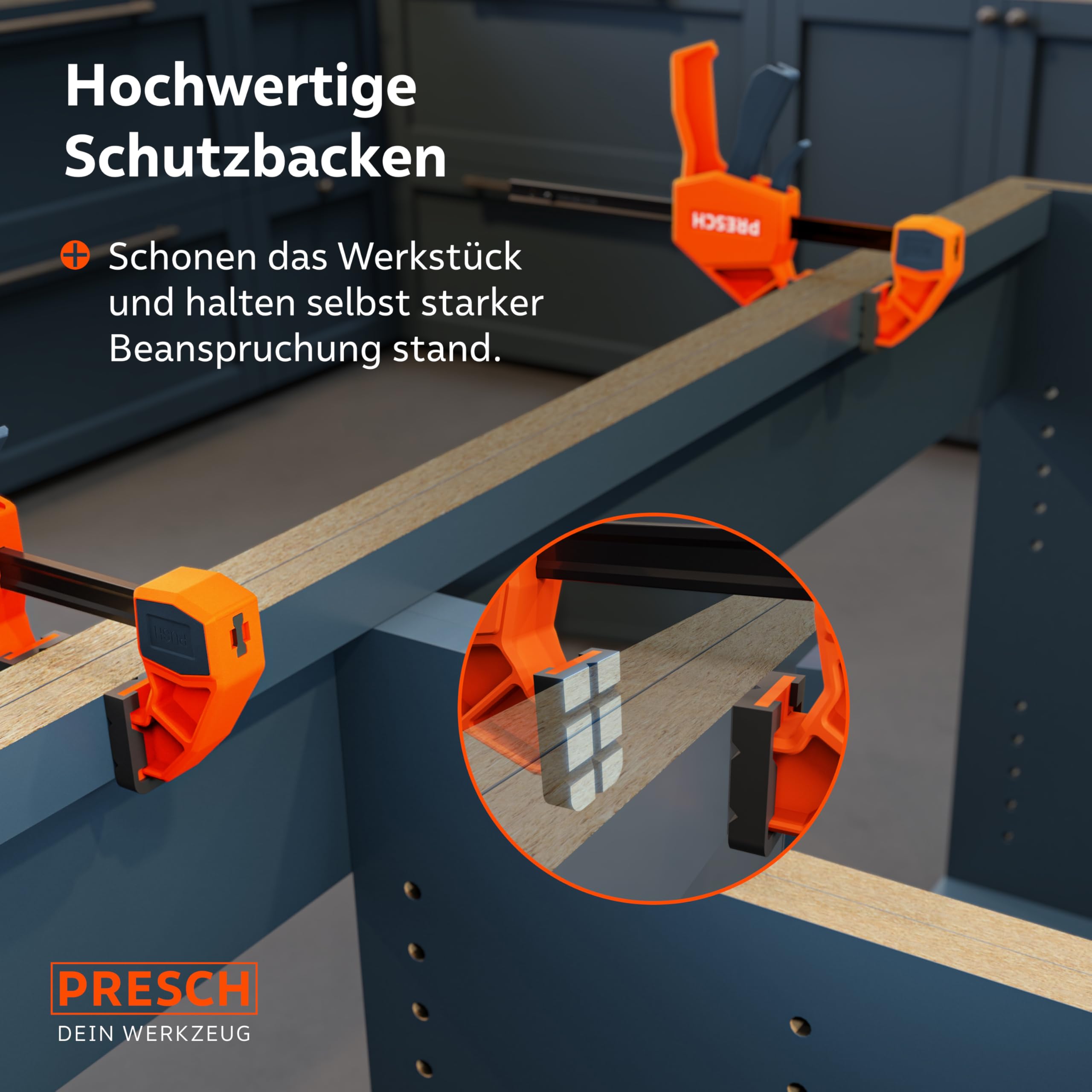 PRESCH Einhandzwingen 150mm & 300mm 4 Stk. – Zwingen Set mit 75kg Spannkraft für sofortiges Fixieren – Robuste Schnellspannzwingen dank Carbonstahl & glasfaserverstärktem Gehäuse – Mit Spreizfunktion