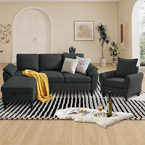 Miniatura 18 de Juego de sofá de pana de 3 piezas para sala de estar con sofá, otomana de almacenamiento y silla individual Gris oscuro,Beige,Negro,Verde,Gris