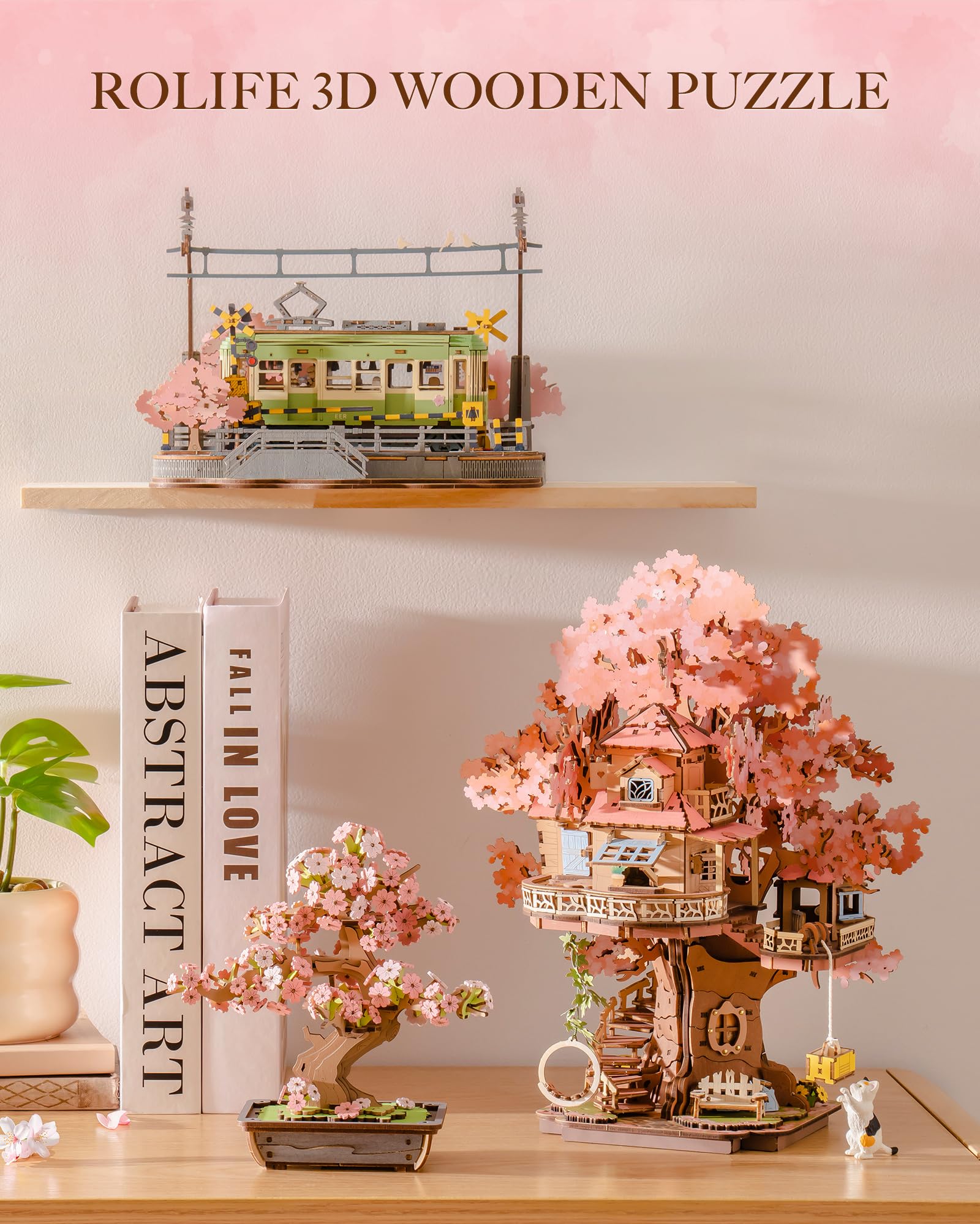 Rolife Puzzle 3D dla dorosłych, miniaturowy model domu na drzewie Sakura, zestaw budowlany 3D Puzzle dla dorosłych do budowania, drewniany model, zestaw budowlany, dekoracja domu i regału na książki