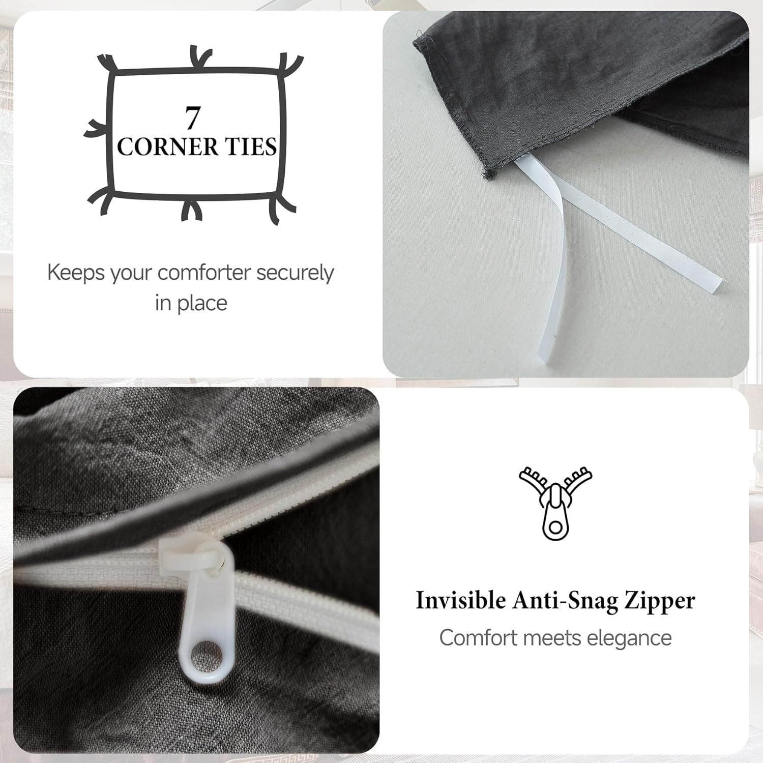 Flax Linen Duvet Cover Queen Size, 3PCS Natural French Linen Cotton Duvet Cover Set-1 Duvet Cover & 2 Pillowcases, Soft Breathable Comfy Linen Blend Bedding Set (Dark Grey, 88" X 92")