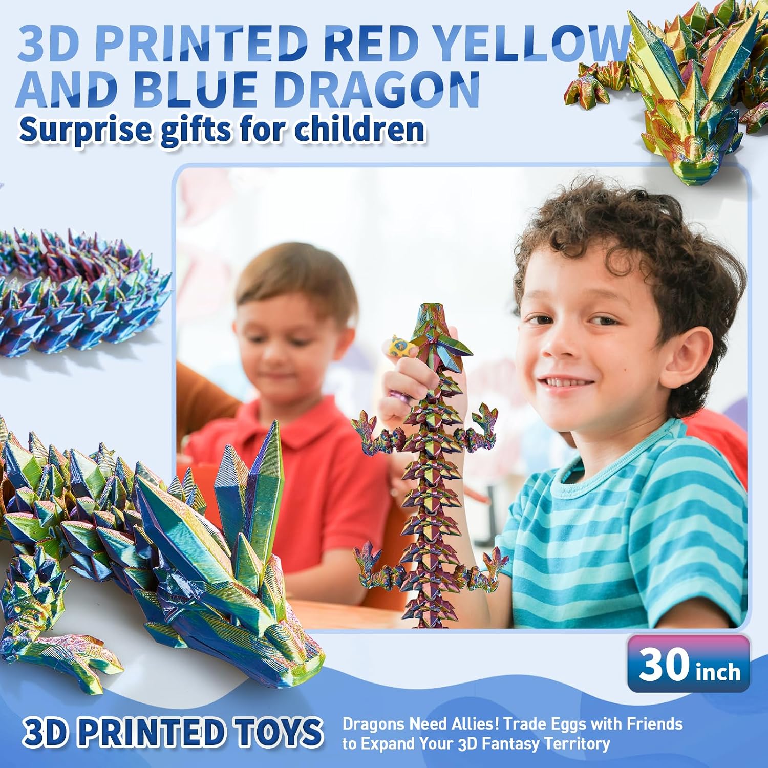 meturebear Large 3D Printed Dragon, Giant 3D Dragon，30 Inch Articulated Crystal Dragon Fidget Toy, Big 3D Printed Dragons，3D Printed Animals for Desk Decor, for Kids Boys & Girls