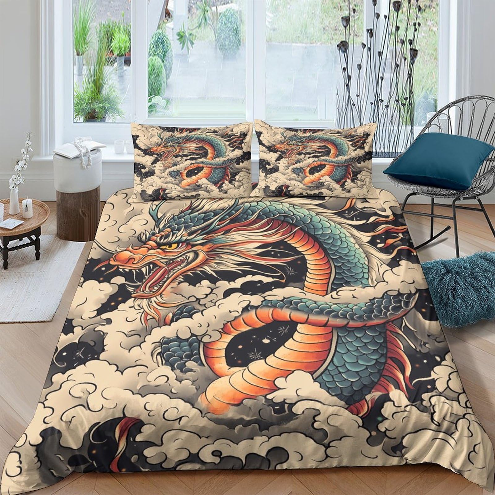 Ctjqhvkz Style-8 3D Printed Oriental Dragon Fitted Sheet Microfiber Soft Anti-Slip Tattoo Cloud Bed Cover For Bedroom Dorm Decor Single（135X200cm）