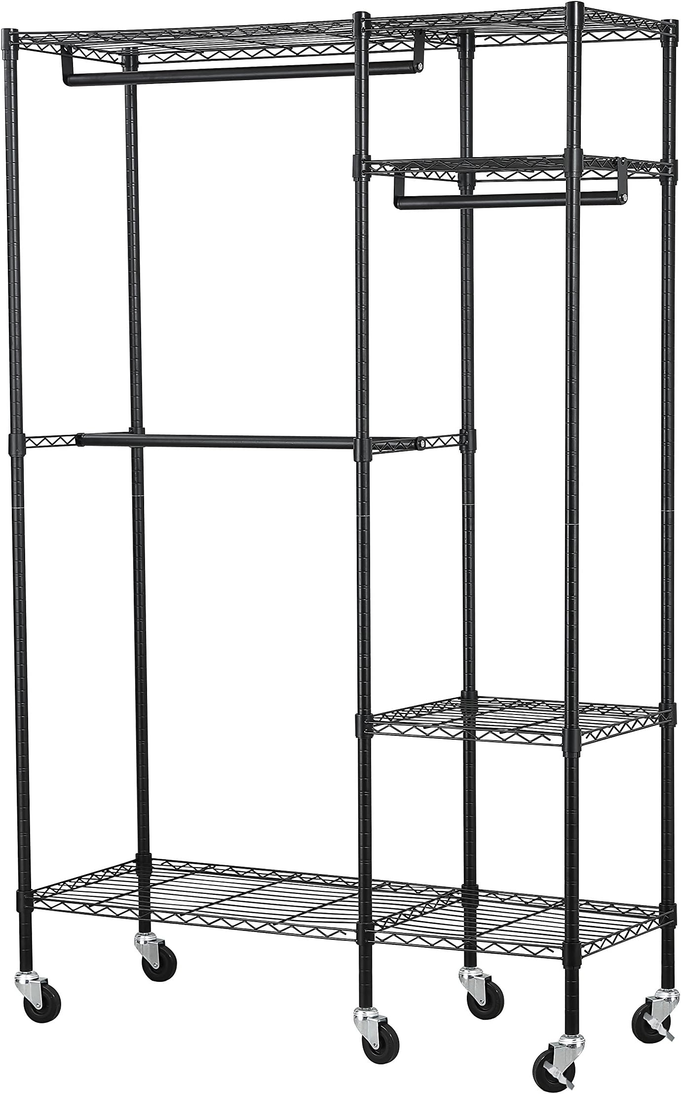 Muscle Rack EZGR4818RW3-BLK 4-Shelf Steel Garment Rack in Chrome with Wheels, 150 lb. Load Capacity, 74" Height, 48" Width, 18" Length