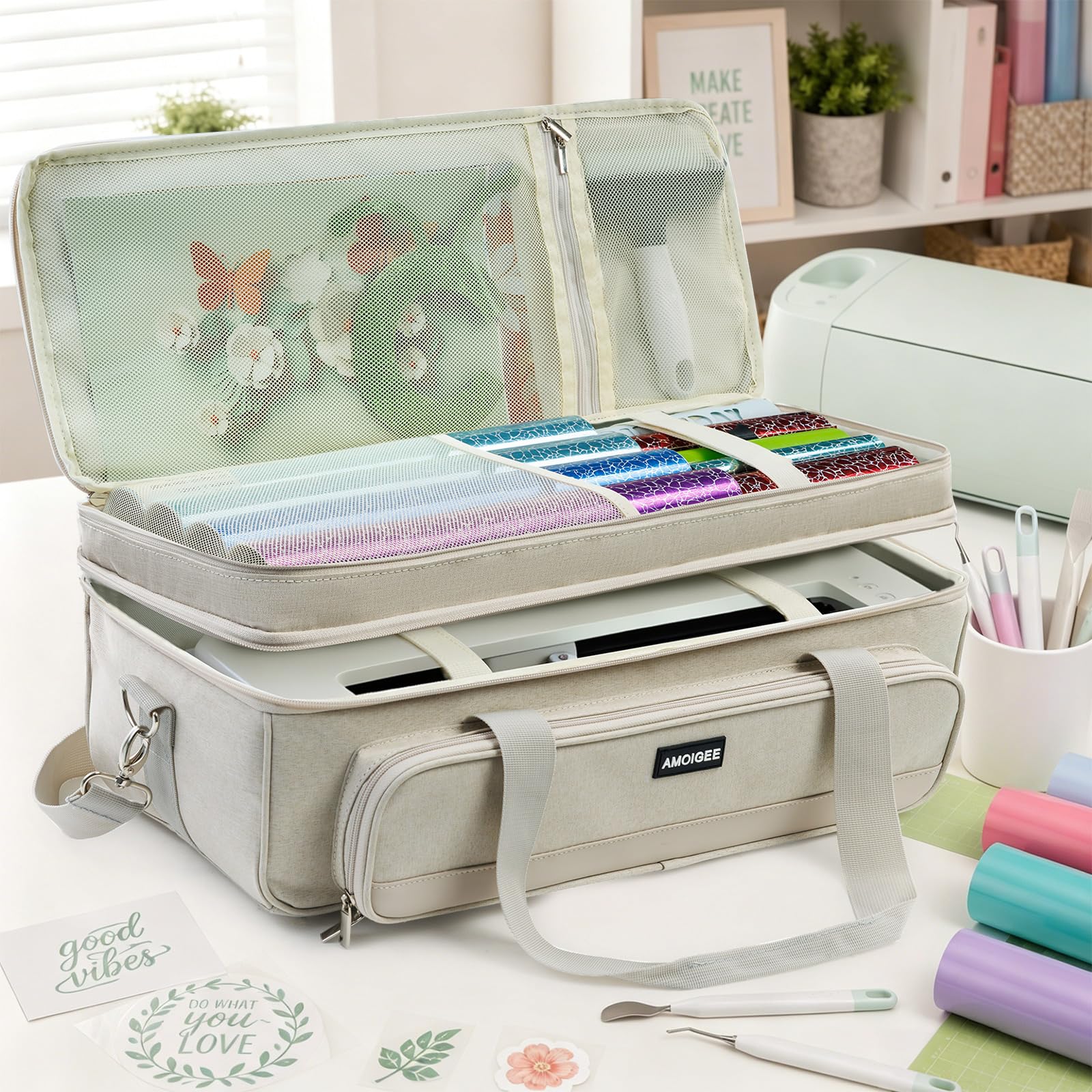 AMOIGEE Doppellagige Tragetasche für Cricut Explore 5, Zubehör und Lieferanten, Aufbewahrungstasche mit Vinyl-Rollen-Organizer, Schneidematten-Tasche, sichere Maschinengurte und reisefreundliches