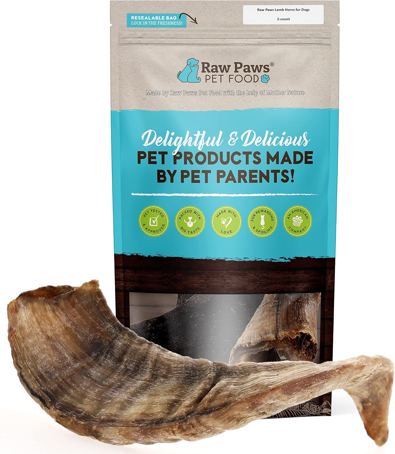 Raw Paws Lamb Horns for Dogs, Large 2Count Packed in