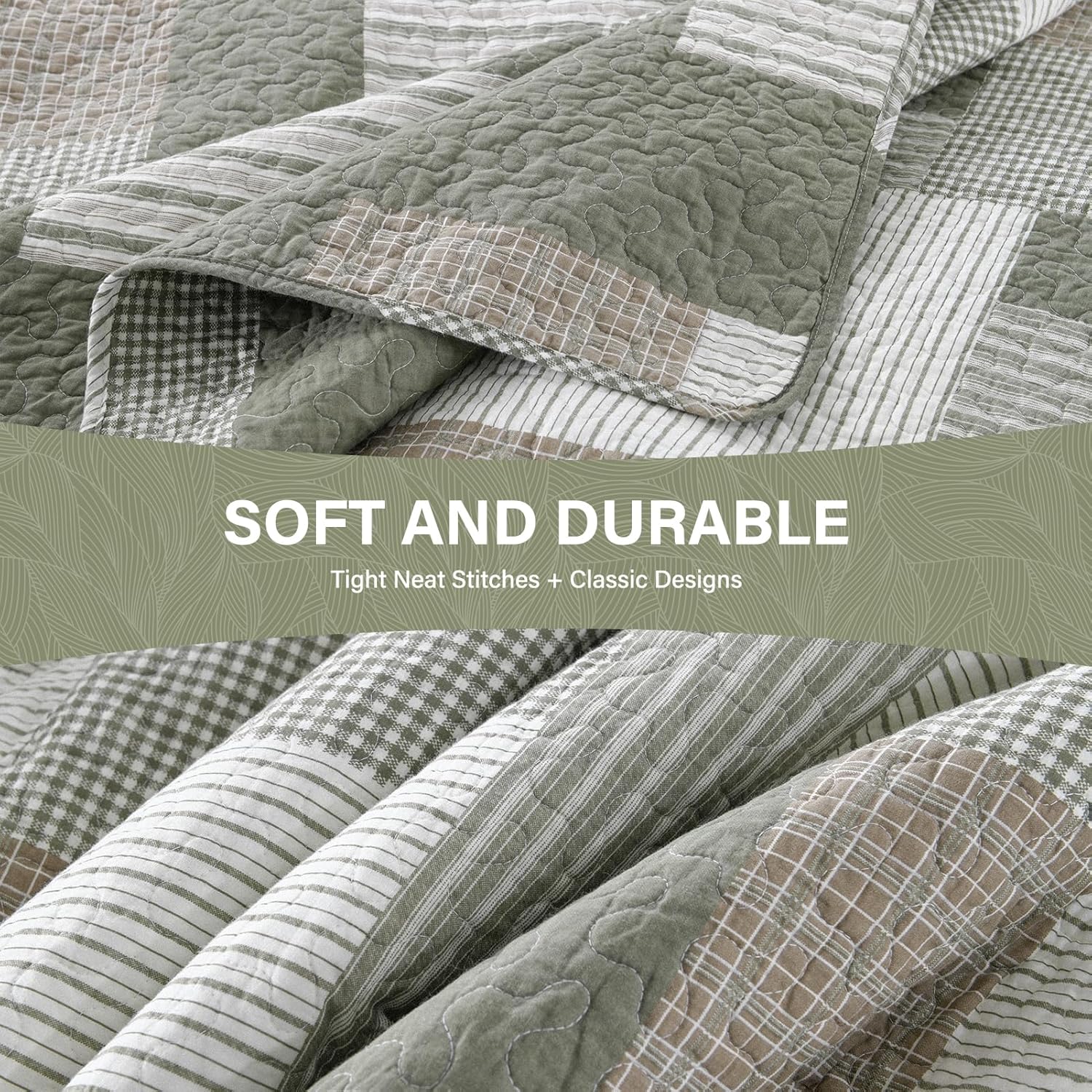 SahSahCasa Quilt King Size, King Quilt Set, 100% Cotton King Quilt Bedding Set Bedspreads, Farmhouse Patchwork Quilt, Plaid Reversible Lightweight Rustic Bedspread, Green/Brown, 3Pcs - Image 5