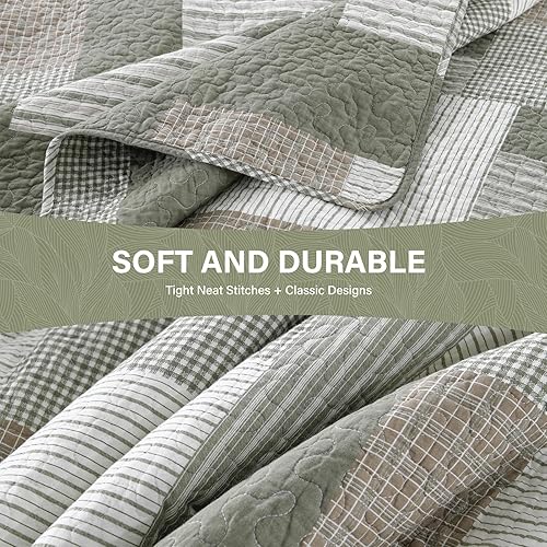 Vista 22 de SahSahCasa Juego de edredón tamaño King, juego de edredón de 100% algodón, colcha de retazos, colcha rústica ligera a cuadros para cama King, beige