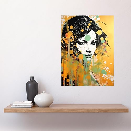 Miniatura 2 de Artery8 I'll Be Waiting Black Hair Woman Portrait Green Yellow Gold Liquid Paint Linocut Teen Room Premium Wall Art Canvas Print 18X24 Inch