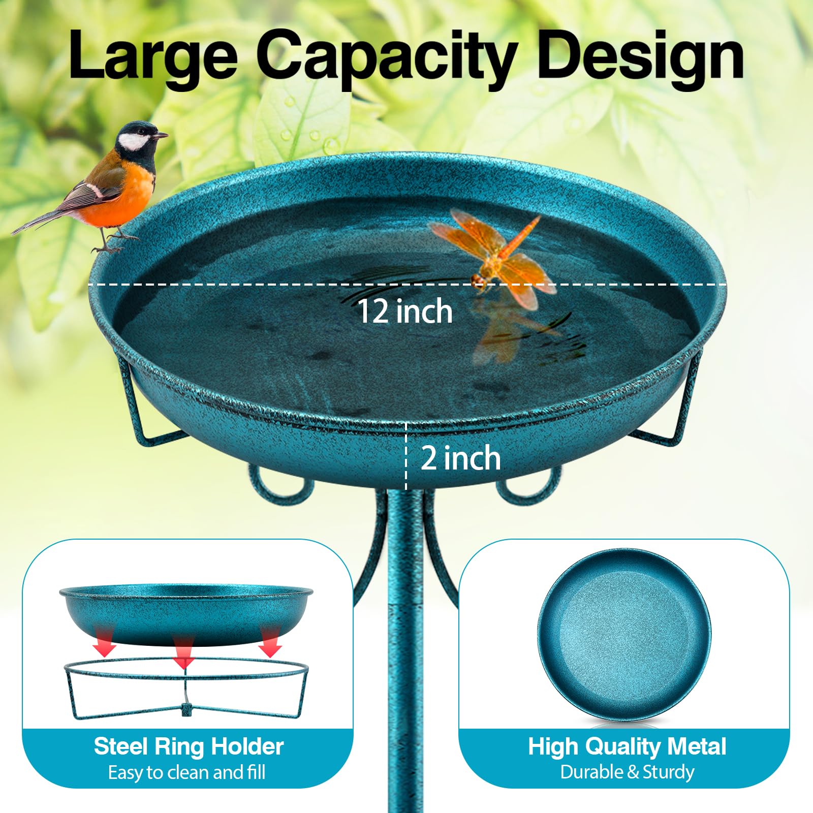 Daoeny Baño de metal para pájaros de 35 pulgadas para exteriores, bañeras para pájaros y comedero de pájaros, cuenco para exteriores, jardín, patio, decoración de césped, base mejorada de 5 puntas