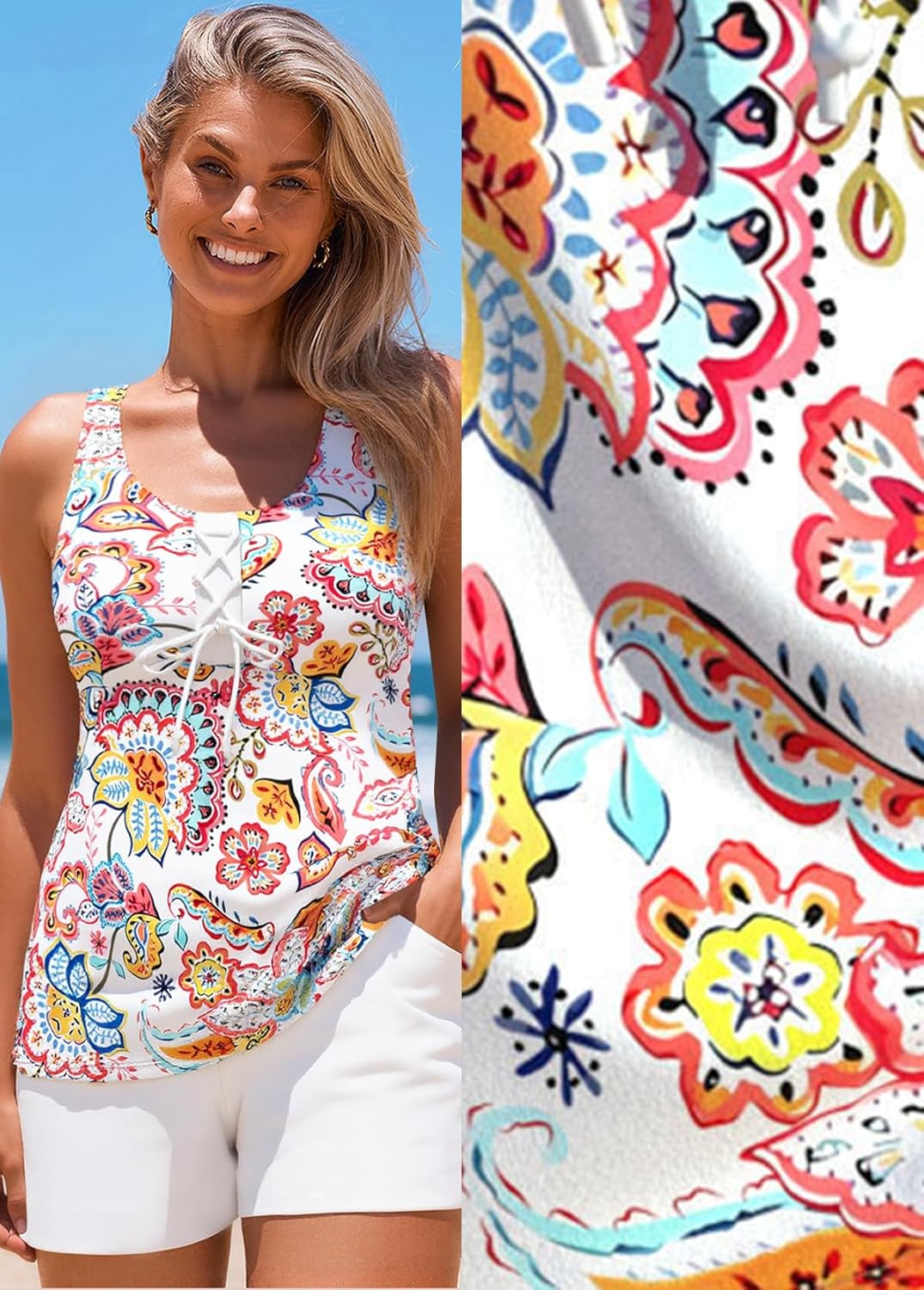 MODLILY Lace Up Womens Tankini Swimsuits with Pocket, Two Piece Bathing Suits, Racerback Tank Top with Board Shorts - Image 7