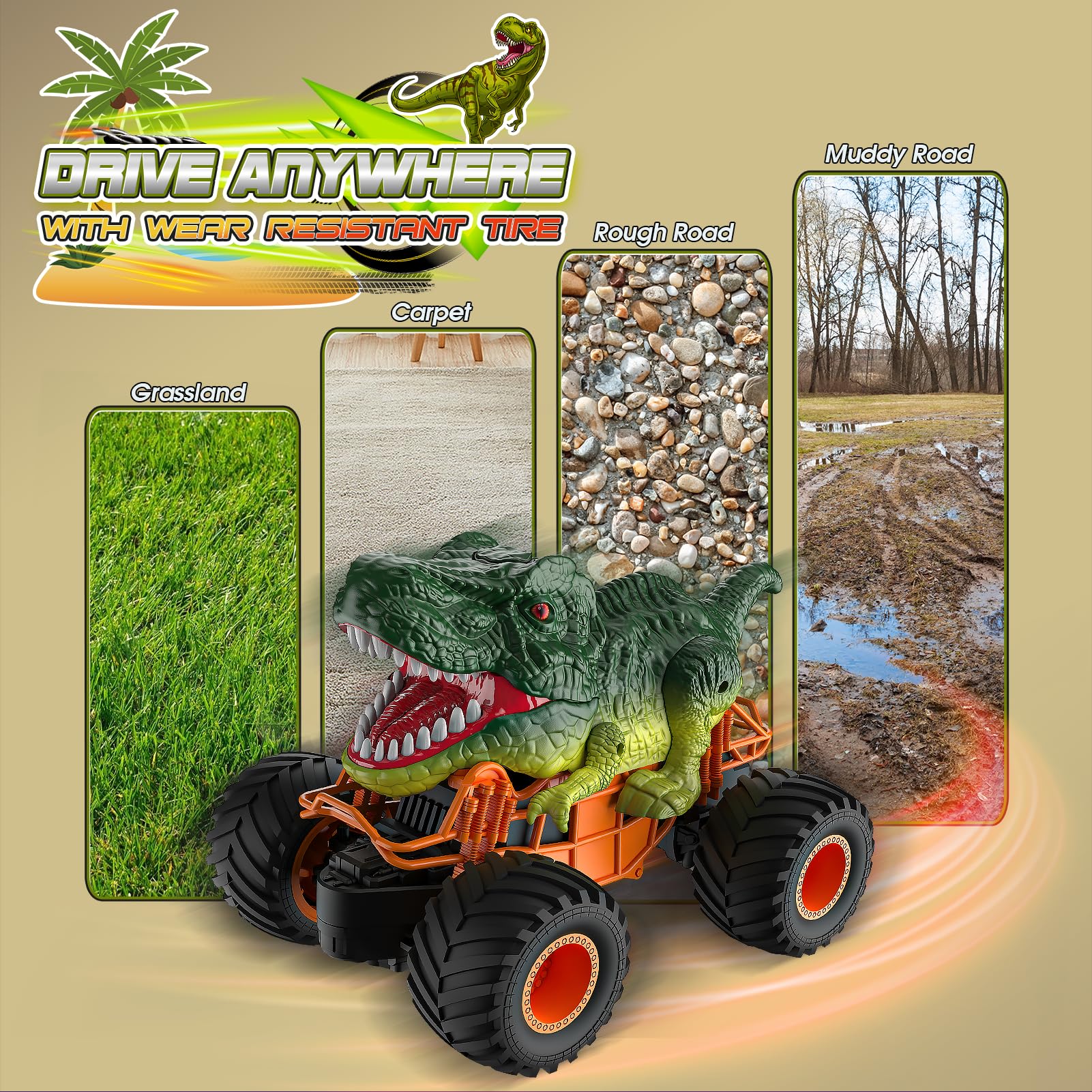 HappyGoLucky Macchina Telecomandata, Dinosauri per Bambini Giochi 3-10 Anni Regalo Bambino Giocattoli 4-12 Anni Giochi Bambin Monster Truck Macchinine
