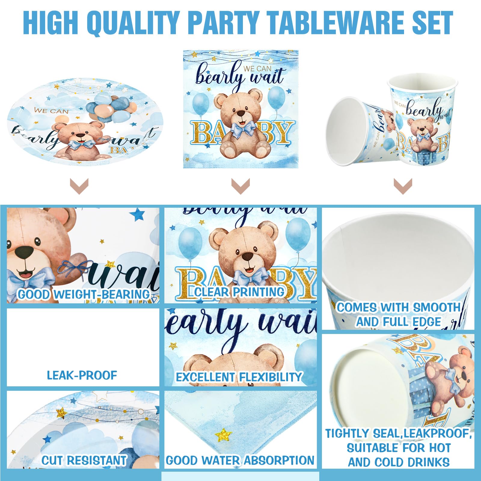 Hushee Lot de 200 assiettes en carton jetables pour fête prénatale Motif ours bleu Pour 50 invités