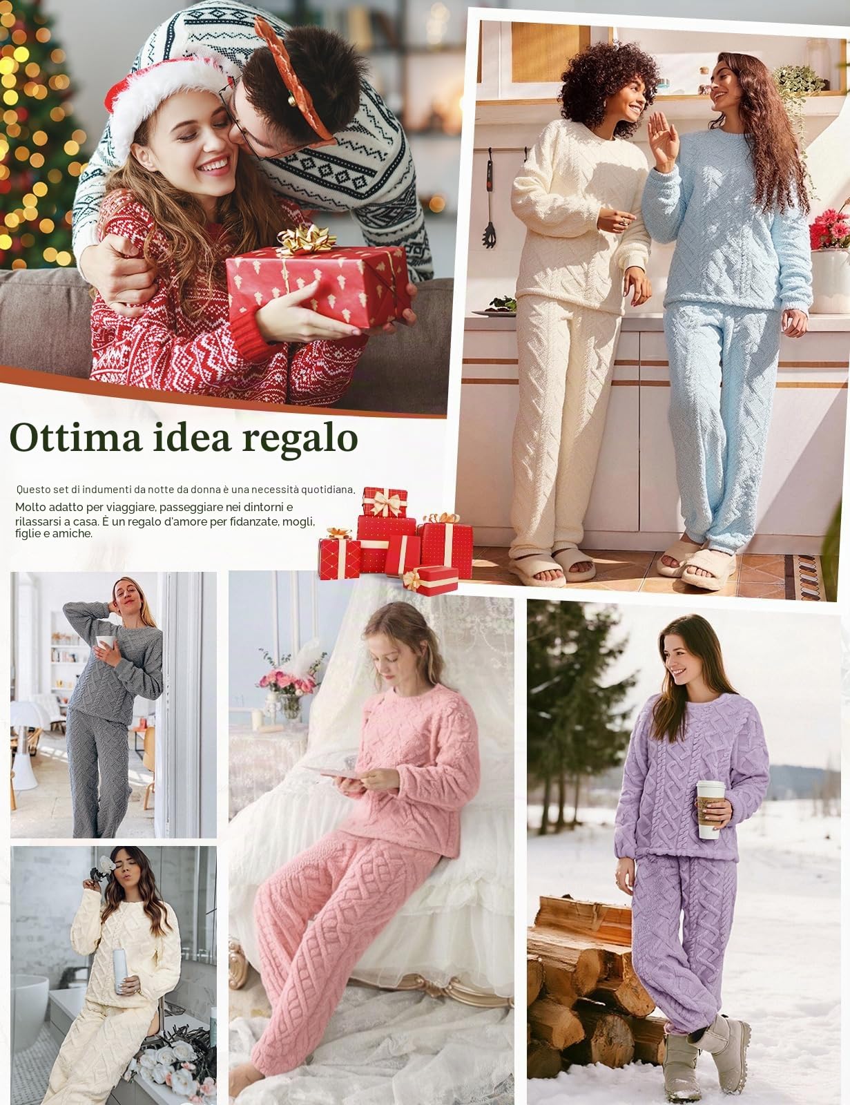 Niwicee Pigiama Donna Invernale Pile Pigiami Caldo Felpato Pigiama Flanella Donna Abbigliamento da Notte Lounge Pigiami Due Pezzi Felpa a Maniche Lunghe e Pantaloni con Tasche