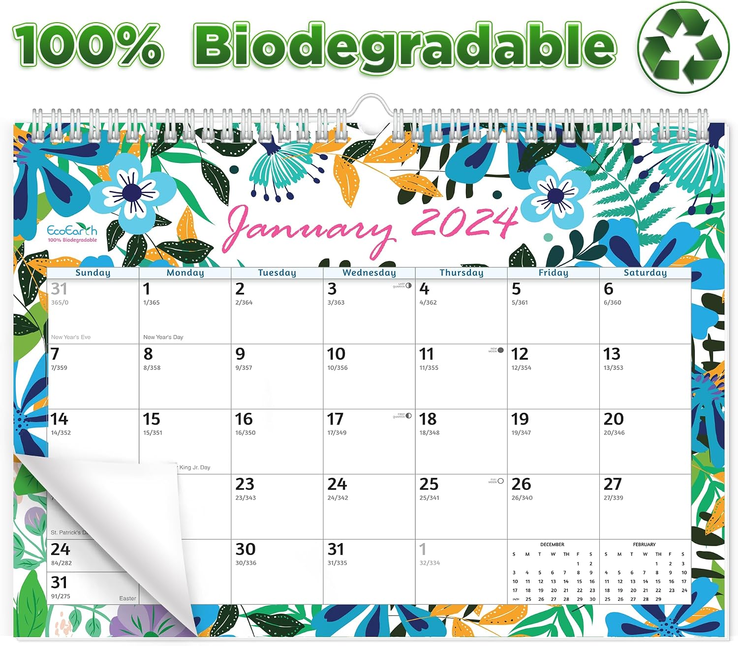 EcoEarth Biodegradable 8x6 Inch 18-Month Wall Calendar, Jul 2023 - Dec 2024 Monthly Flip Calendar, Patterned Art Design
