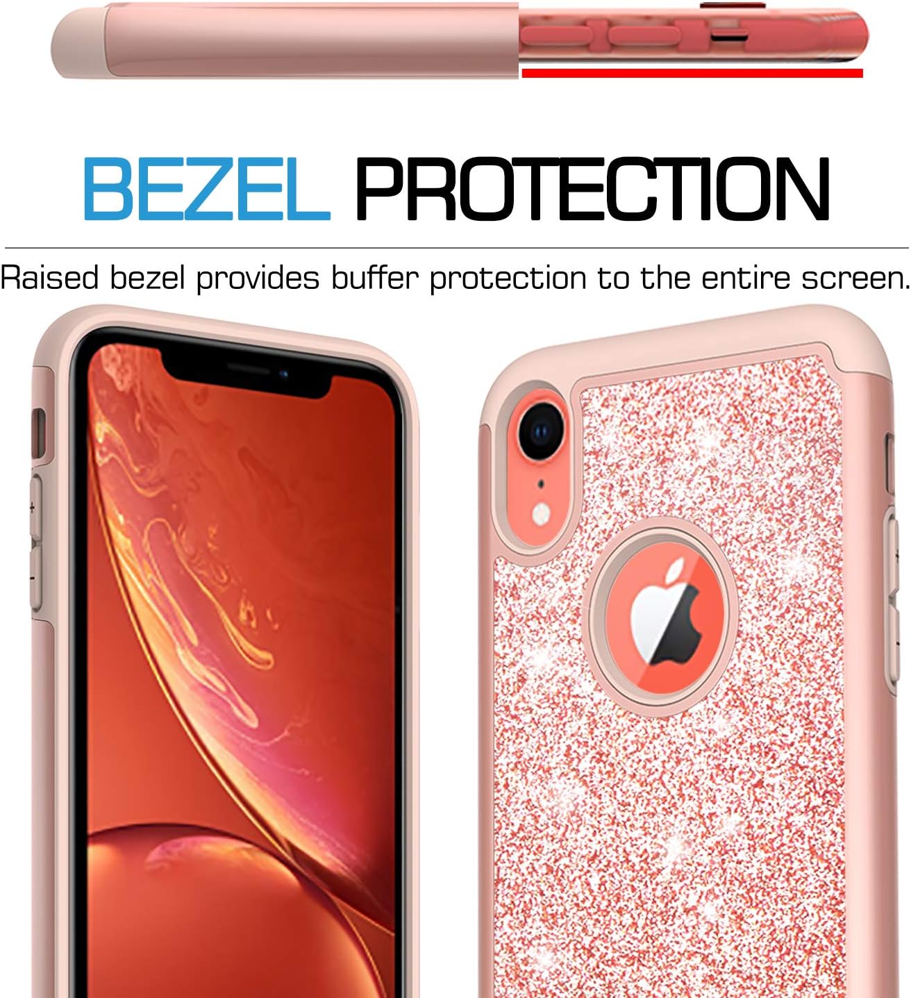 LeYi Compatible with iPhone XR Case with Glass Screen Protector [2 Pack] for Girls Women, Glitter Bling Sparkle Cute Coral Protective Phone Cover Cases for Apple iPhone XR 10 10XR (6.1") TP Rose Gold
