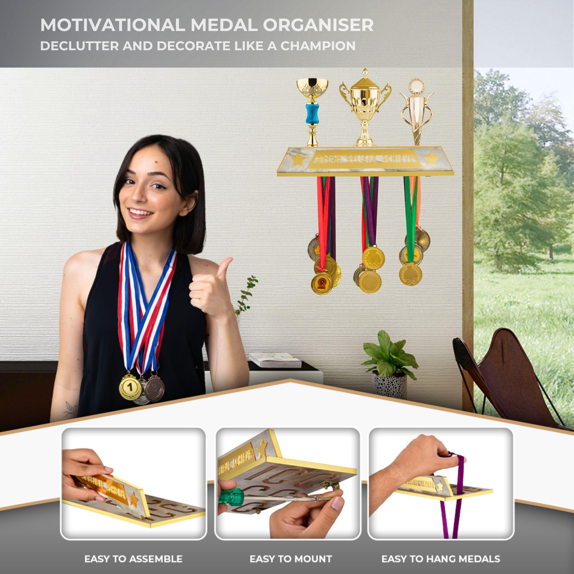 WALLZY Wooden Medal Holder for Wall, Wooden Medal Hangers for Wall Frame Display and Home Decor, Engineered Wood Trophy Stand and Medal Hanger Wall Mounted Shelf Holds Upto 24 Medals (Marble White) 2