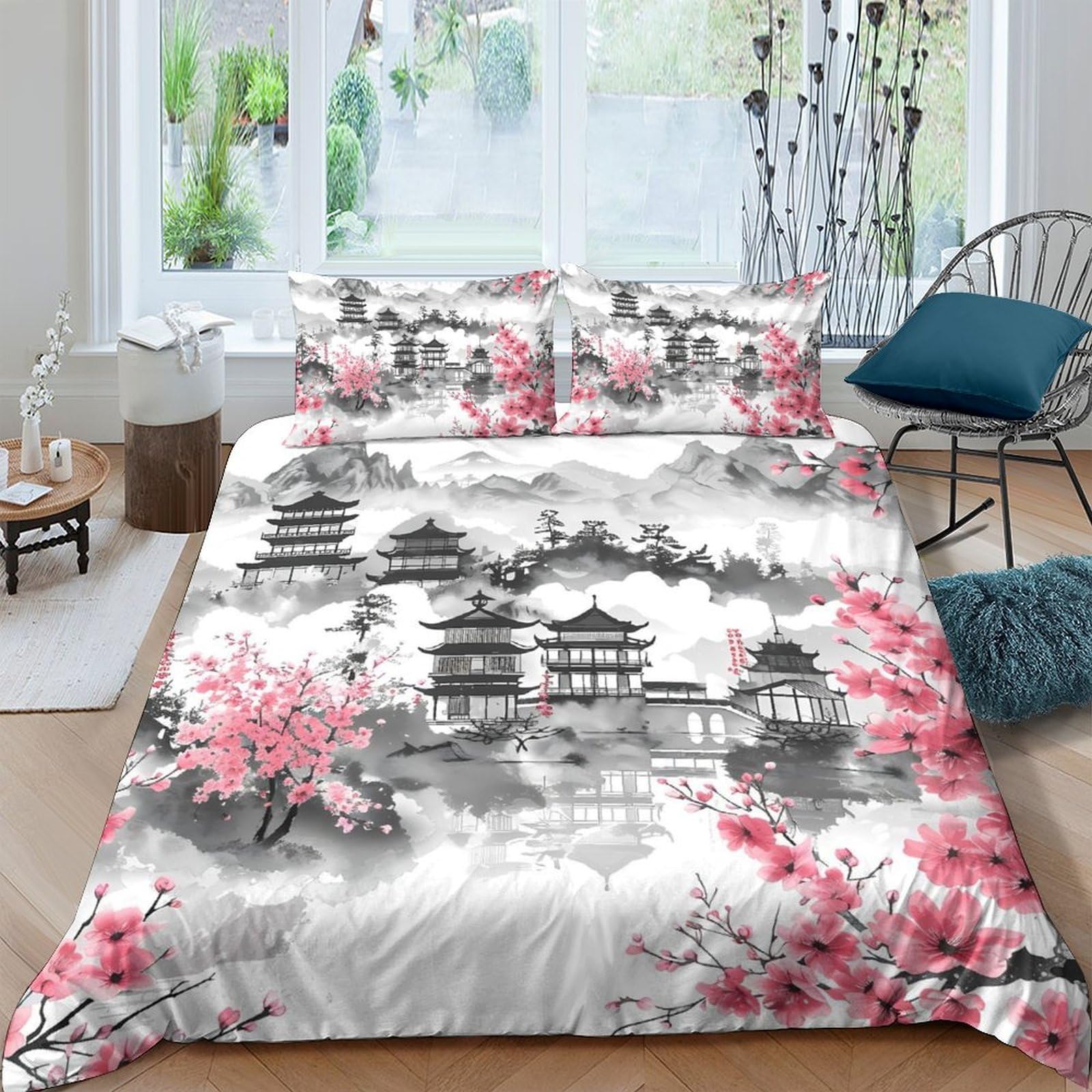 Ctjqhvkz Style-8 3D Printed Sakura Pagoda Fitted Sheet Microfiber Soft Breathable Oriental Landscape Bed Cover For Bedroom Decor Single（135X200cm）