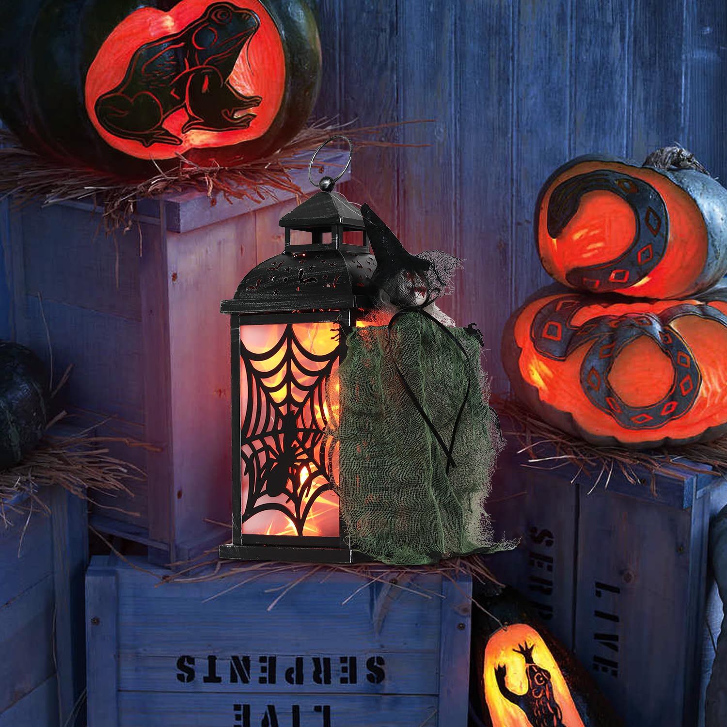DECORKEY Halloween-Laterne Mit LED-Lichterkette – 38,4 Cm Spinnen- & Kürbis-Laterne, 8 Beleuchtungsmodi, Für Innen & Außen