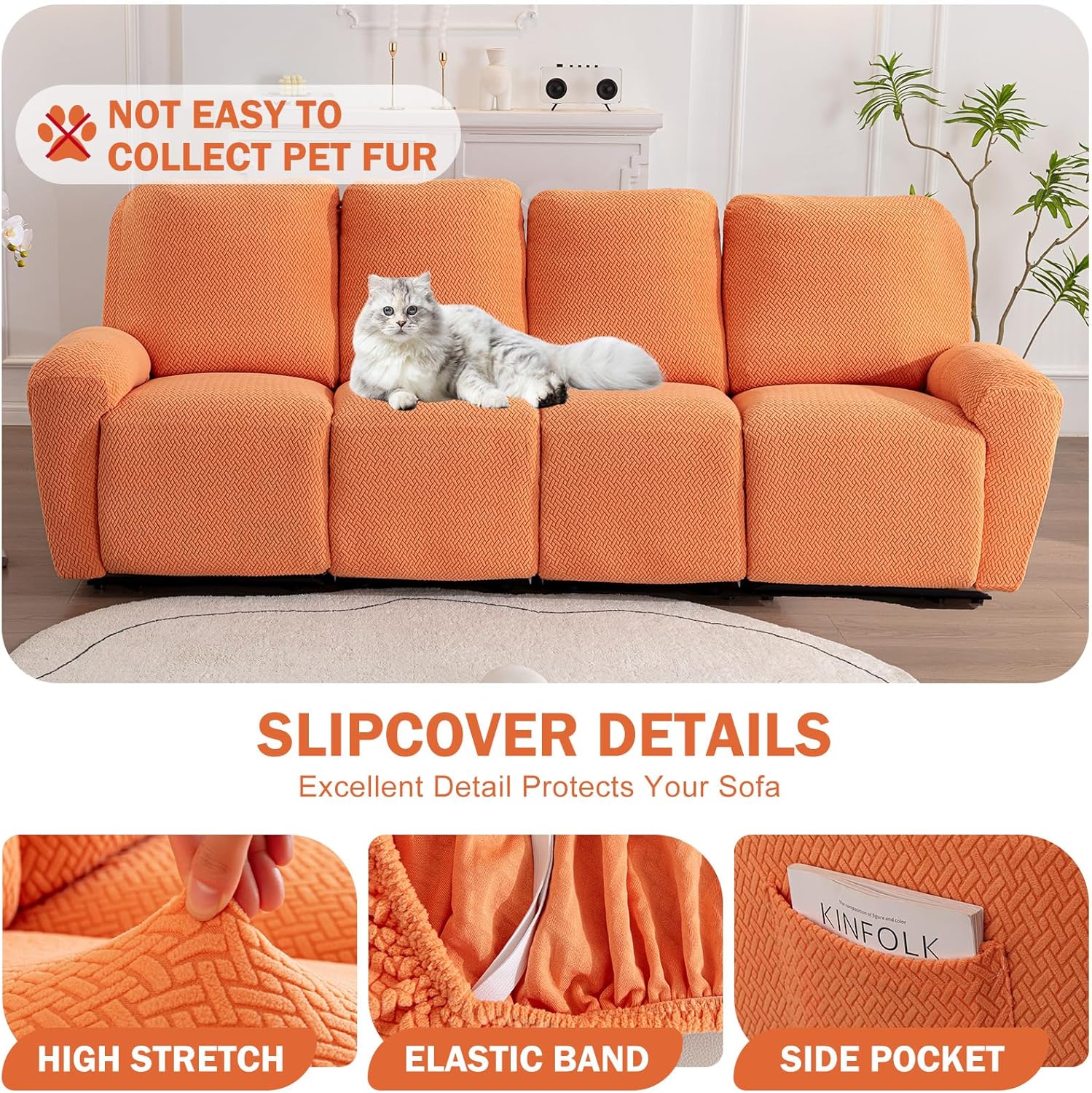 vctops 10 Pieces Stretch Recliner Sofa Cover Soft Jacquard Reclining Couch Cover with Pockets Plush Anti-Slip 4 Cushion Furniture Slipcovers with Elastic Bottom for Pet Kid (Orange,4 Seater)
