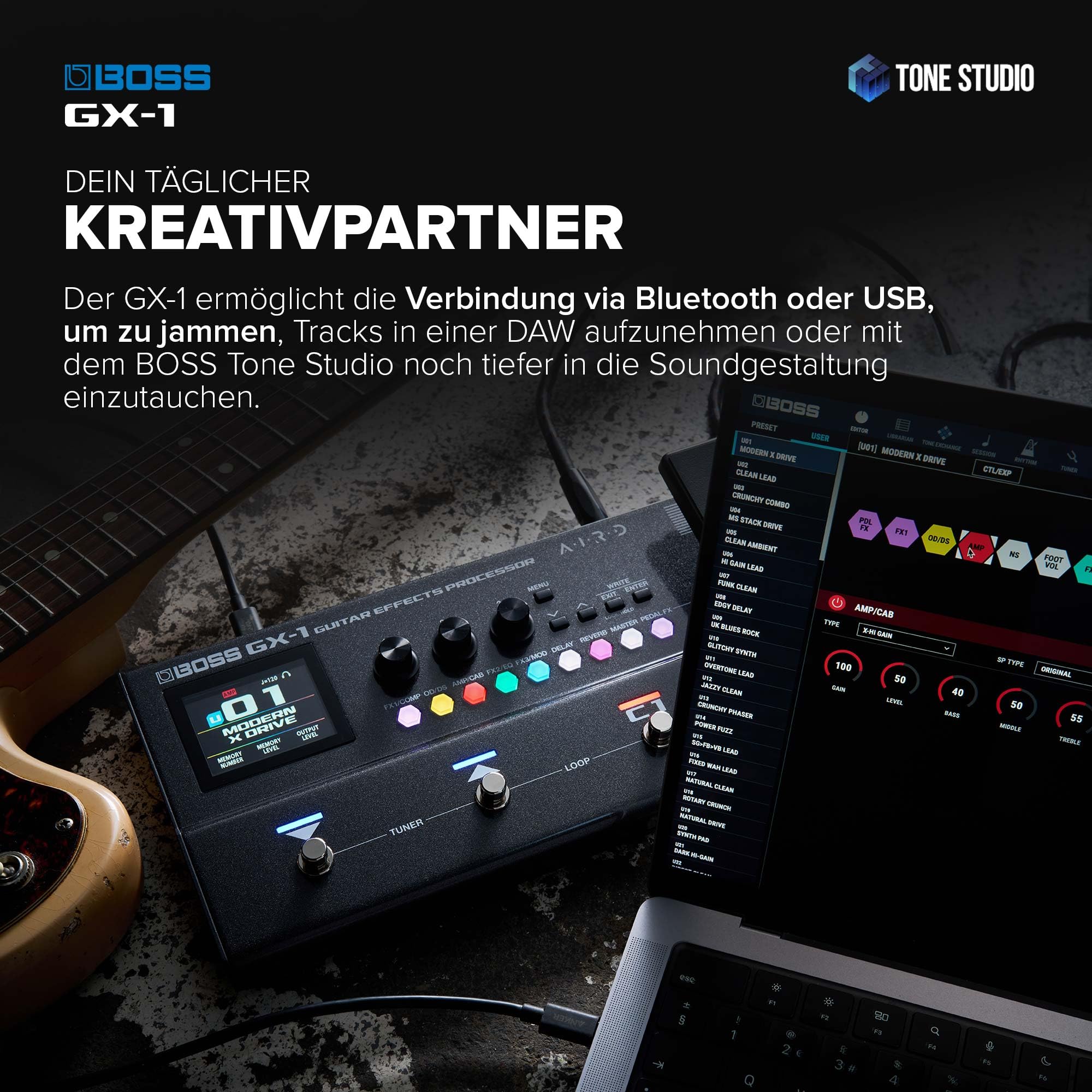 BOSS GX-1 | Ultraportabler Gitarren-Effektprozessor | Legendäre Verstärker & Effekte | Hochwertige AIRD Soundengine | Ideal für Gitarren-Einsteiger | Bluetooth | Flexible Stromversorgung