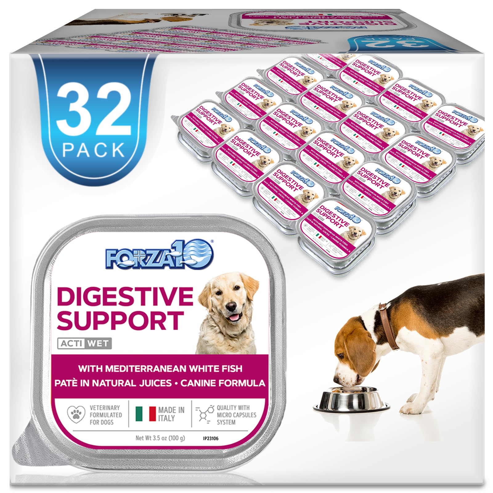 Forza10 Digestive Care Dog Food – Gastrointestinal Wet Dog Food, High Fiber Intestinal Diet for Digestive Health, Sensitive Stomach Formula, Vet Formulated, 3.5 oz Cans, 32 Pack, Made in Italy