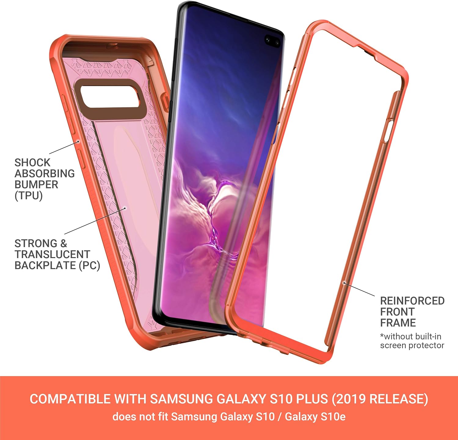 ULAK Knox Armor Designed for Galaxy S10 Plus Case, Slim Shockproof Full Body Rugged Protective Phone Cover for Samsung Galaxy S10+ Plus 2019 Without Built-in Screen Protector, Flamingo Orange