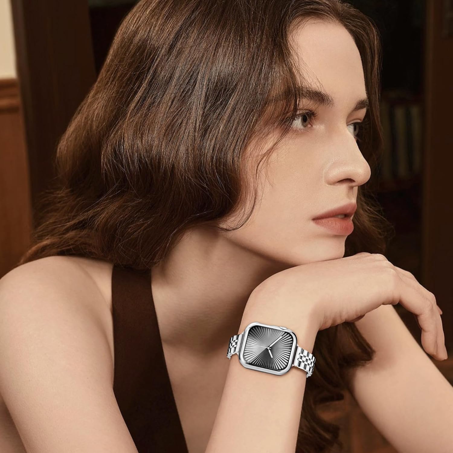 wipalor Thin Classic Metal Chain Band Fit Slim Apple Watch Bands for women 44mm with Case, Dressy Designer Stainless Steel iWatch Bands for iPhone Watch Bands Series 6 5 4 SE-Silver