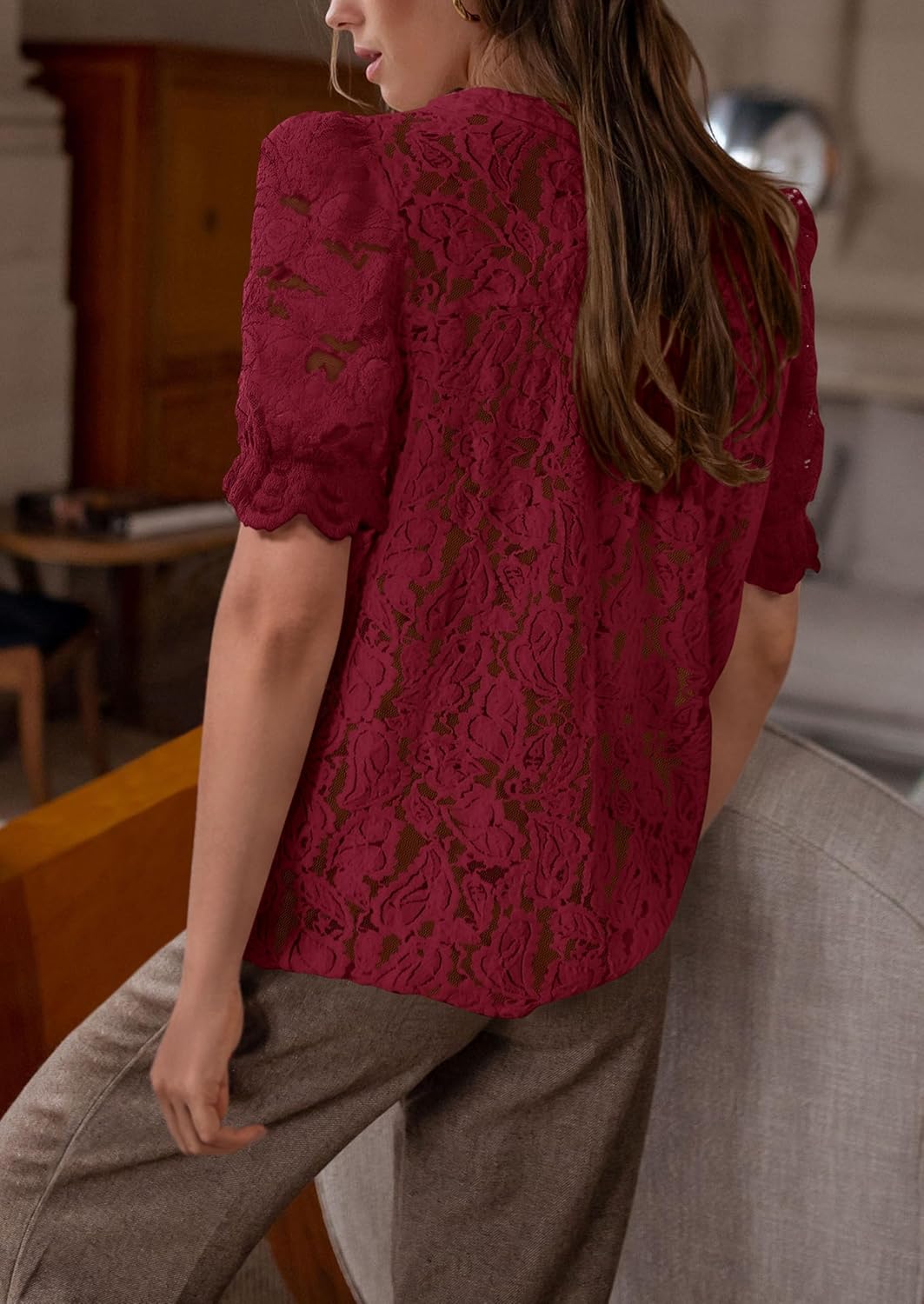 PRETTYGARDEN Womens 2026 Spring Lace Tops Short Puff Sleeve Casual Dressy Blouses Eyelet Crew Neck Button Down Shirts - Image 2