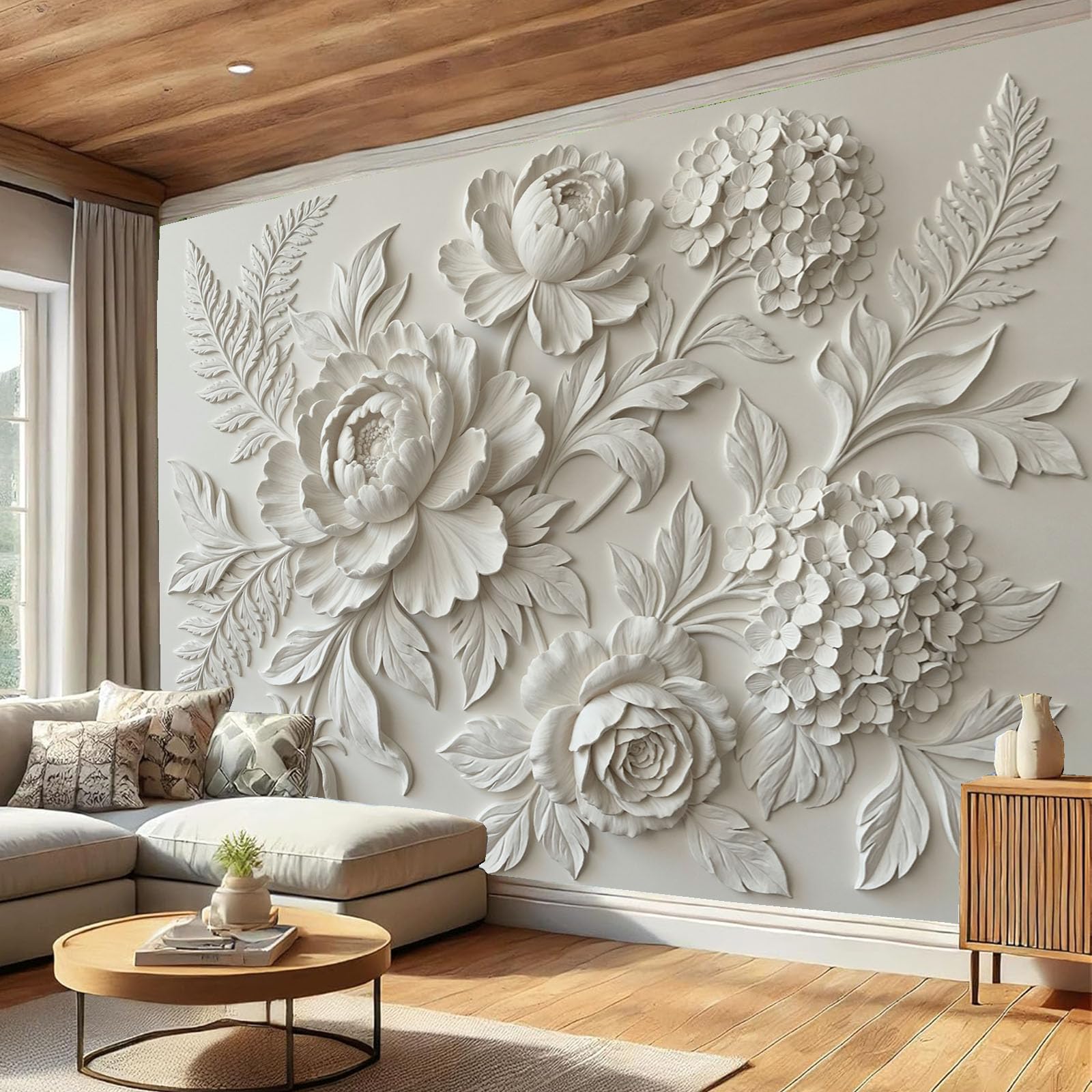 Papier peint plantes nordiques moderne crème pivoine 3D, poster mural panoramique chambre 250x175