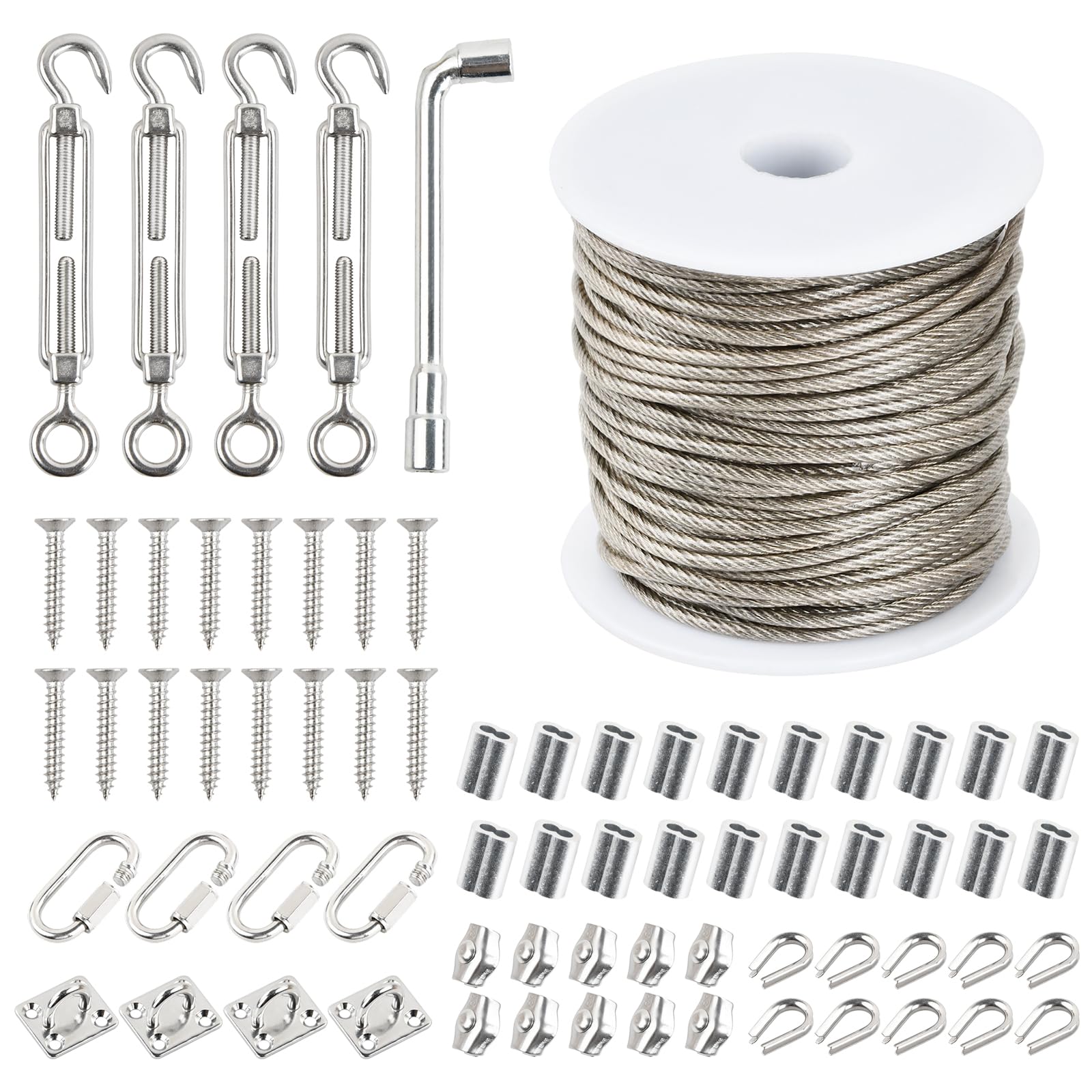 Cavo 2 Mm Con Accessori Morsetti 50m Filo Acciaio Inox 2mm, 67 Pcs Kit Filo Stendibiancheria Per Esterno 7x7 PVC Coated Con 4 Tenditori, 20 Manicotti Alluminio, 4 Ganci Quadri, Tirante Cavo