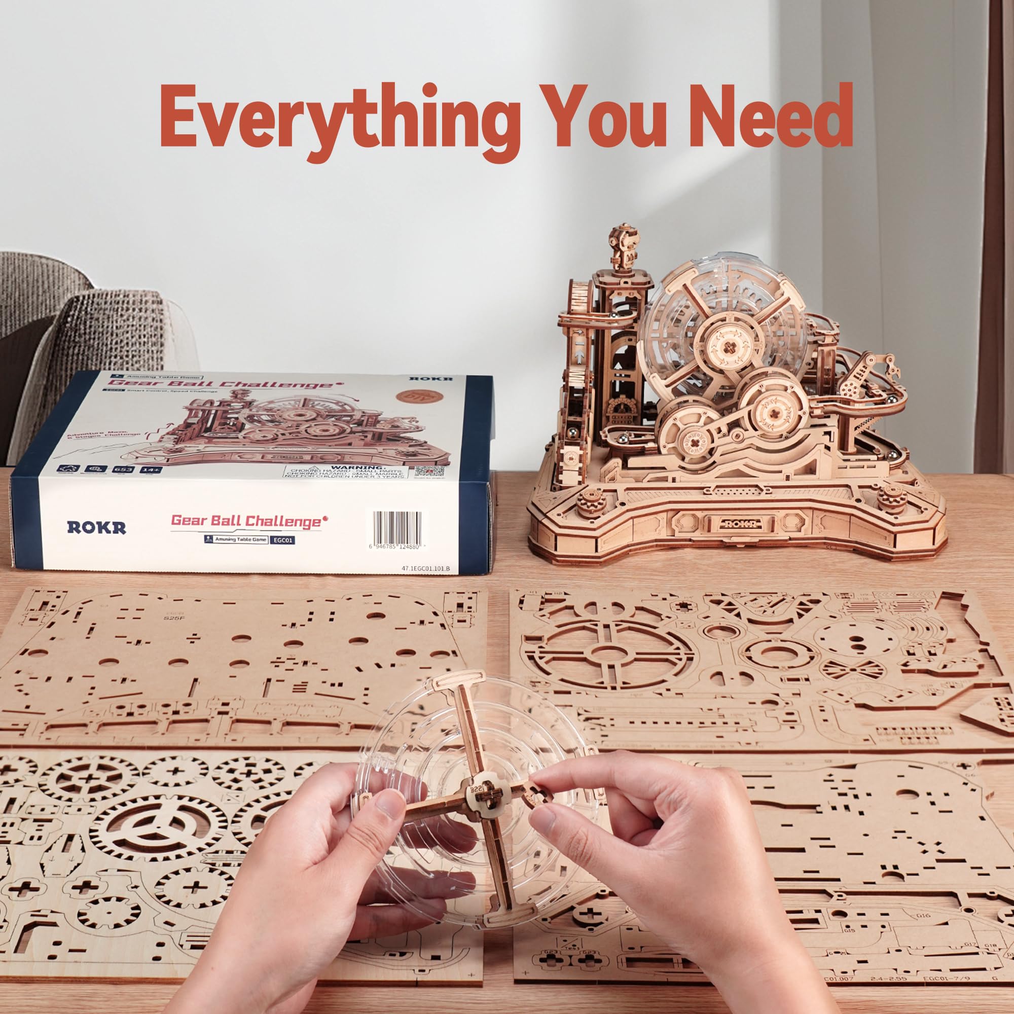 ROKR Gearball Challenge EGC01 Puzzle 3D de Madera | Circuito de Canicas Pinball, Laberinto Mecánico con Doble Control, Kit DIY STEM, Para Adultos & Jóvenes, Regalo & Decoración