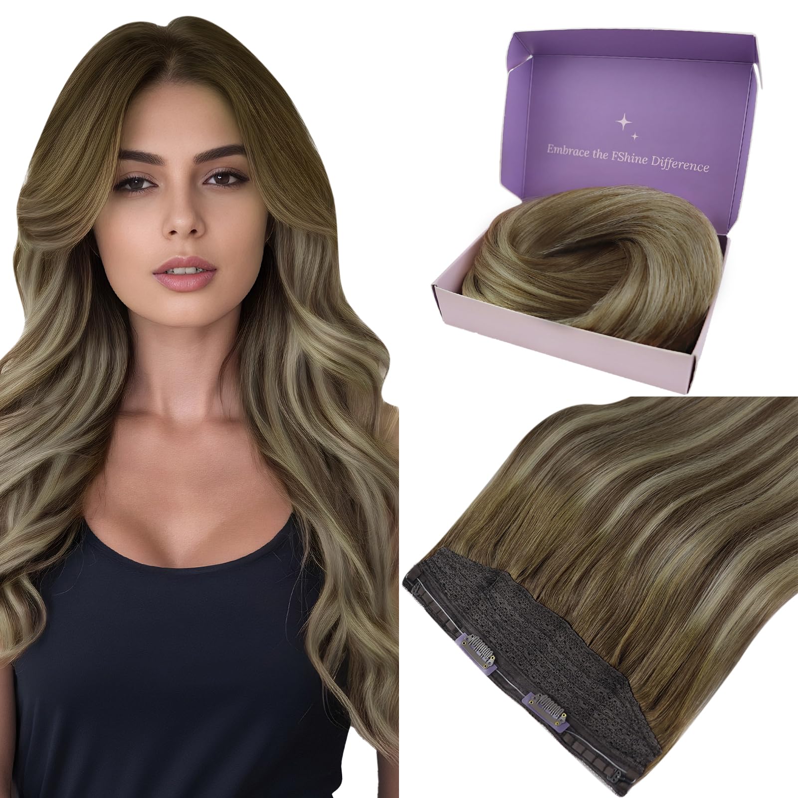 Fshine Extension Filo Invisibile Capelli Veri 35CM 80g Lunghi Extension Capelli Filo Colore 3 Castano Scuro con 8 Castano Medio e 22 Bionda Media Balayage Remy Lisci Wire Hair
