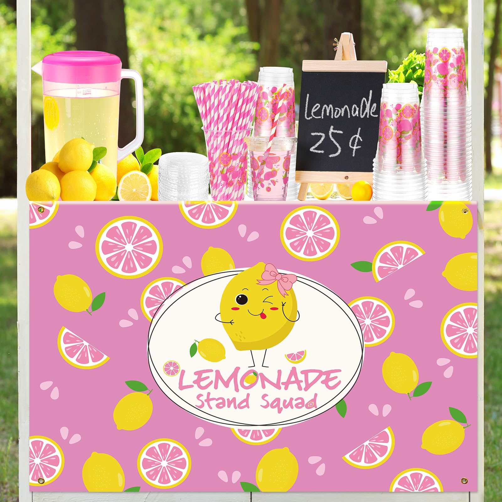 Bokon Pink Lemonade Stand Supplies Kit, 100 Cups with Lids and Straws, Lemon Tablecloth, 1 Gallon Pitcher, Wooden Chalkboard Sign, Kids Lemonade Stand