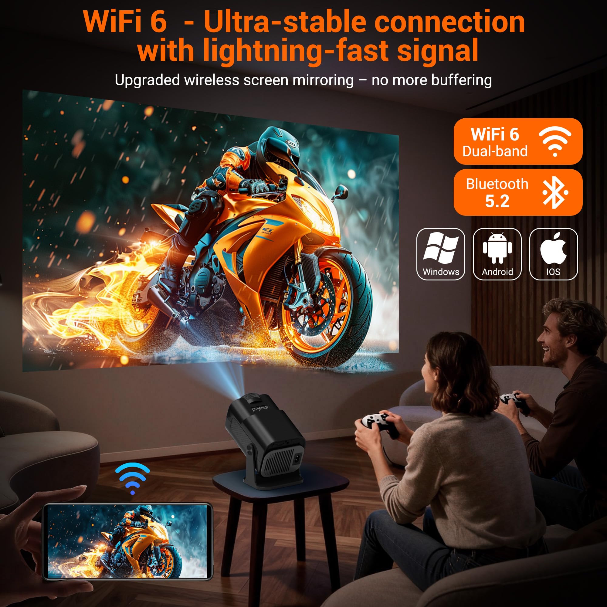 Proyector Mini, 4K Ultra HD, 15000 Lúmenes, Sistema Android, Proyección Inalámbrica WiFi 2.4GHz/5GHz & BT, Interfaces HDMI/USB/AUX, 4 Modos de Proyección, Portátil para Cine en Casa, Dormitorio
