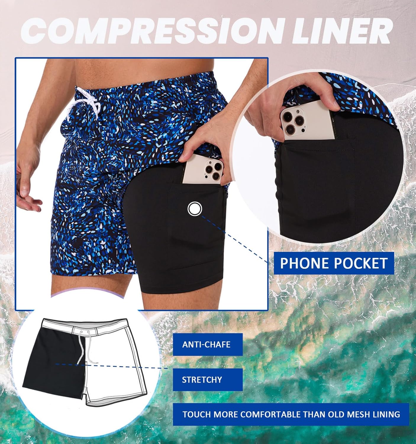Aueyan Mens Swim Trunks 5.5 inch with Compression Liner Zipper Pockets,Quick Dry Swimsuit Trunks Funny Beach Board Shorts
