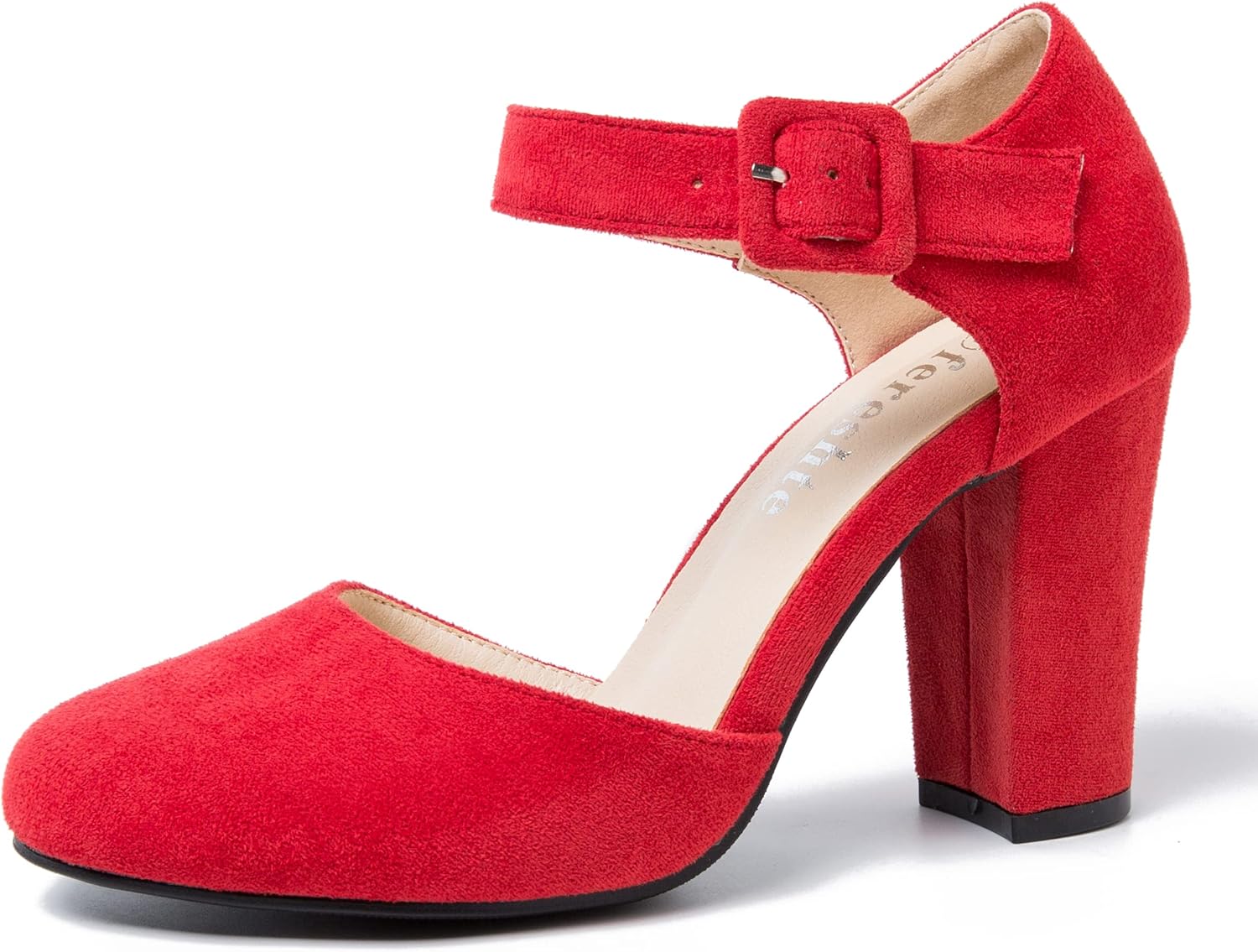 Women's Ankle Strap Pumps Block High Heel Closed Toe D'Orsay Mary Jane Shoes Suede Red 24.72cm Insole - US 8